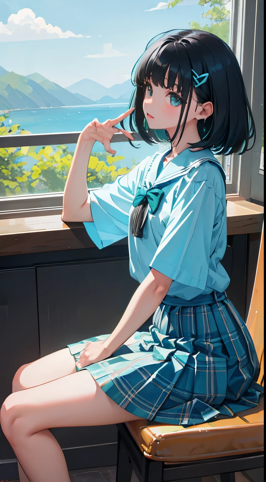 (child),(masterpiece,Top quality),Turquoise pleated miniskirt with blue-green plaid pattern,short sleeve,black hair,Summer Classroom,night,night景