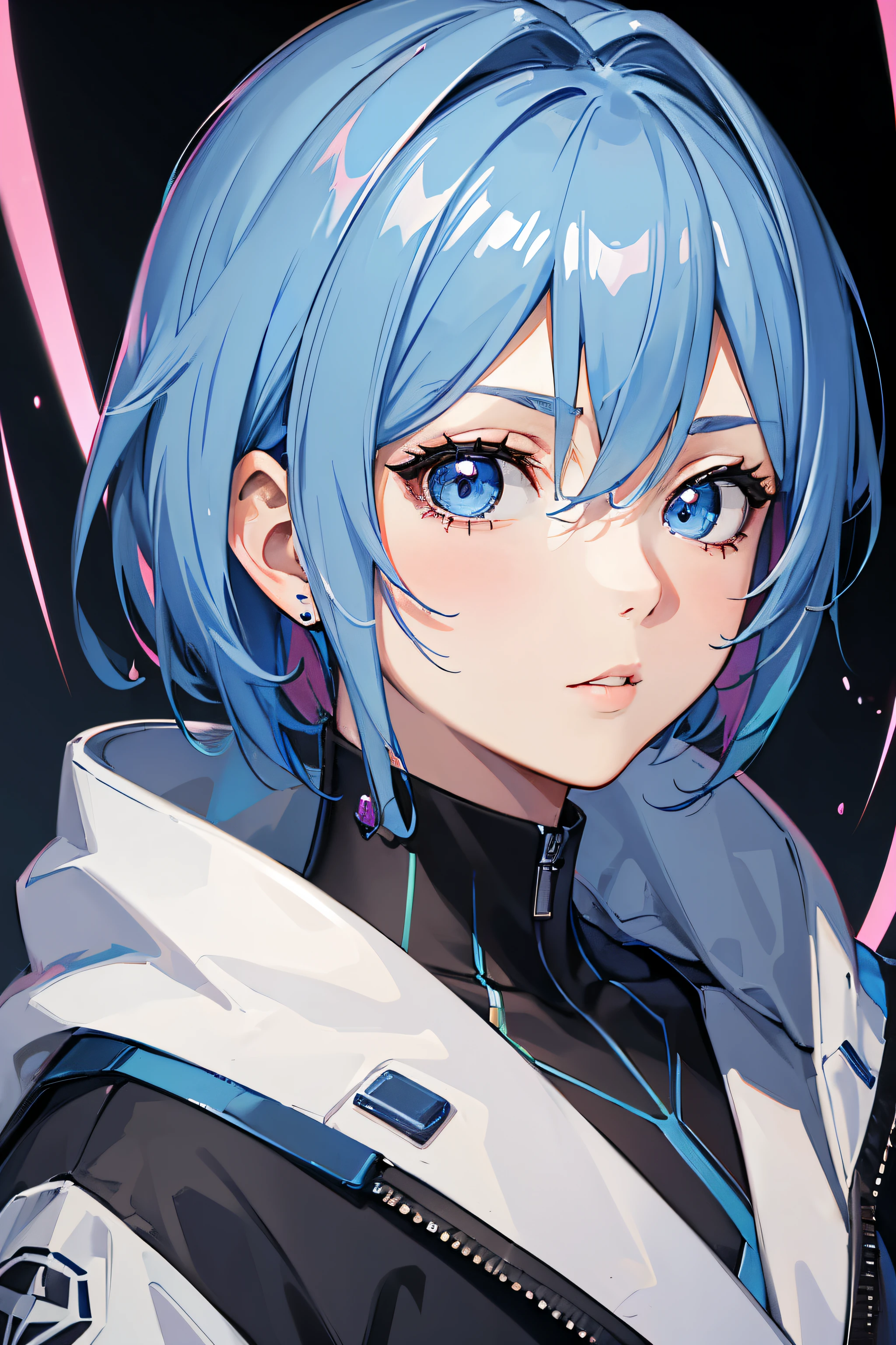 masterpiece, best quality, 1 girl, blue hair，with pink highlights, short hair, Ji Qie, blue eyes, hoodie, technical clothing, delicate eyes, detailed facial features, 逼真且high resolution (best quality, 4K, 8k, high resolution, masterpiece:1.2)