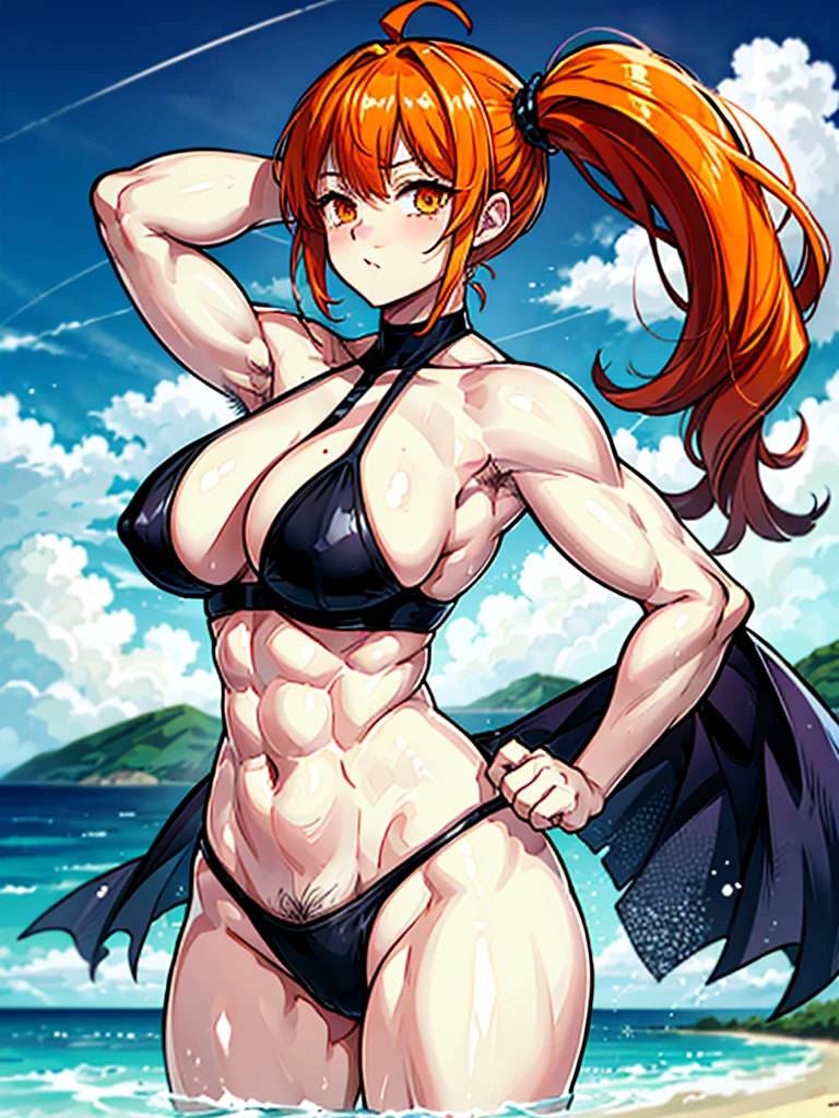 （（（masterpiece、Highest image quality、highest quality、highly detailed unity 8ｋwallpaper）））、（（Illustration of one girl））、（（（beautiful girl）））、（（orange hair、side ponytail、sidelocks：1.4、orange eyes））、（（（stocky build：1.5, thickset physique：1.6, muscular legs, broad shoulders：1.6, solid chest：1.5）））、（（（Orange hair、hairy armpits：1.8）））、(armpit hair:1.4)、swimsuit、sandy beach