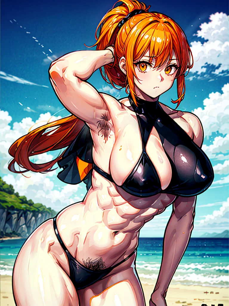 （（（masterpiece、Highest image quality、highest quality、highly detailed unity 8ｋwallpaper）））、（（Illustration of one girl））、（（（beautiful girl）））、（（orange hair、side ponytail、sidelocks：1.4、orange eyes））、（（（stocky build：1.5, thickset physique：1.6, muscular legs, broad shoulders：1.6, solid ?????：1.5）））、（（（Orange hair、hairy armpits：1.8）））、(armpit hair:1.4)、swimsuit、sandy beach