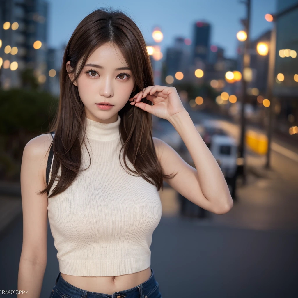 ((highest quality)), ((masterpiece)), (be familiar with), perfect face、(((middle hair))))、((((brown hair))))、highest quality、8K、HDR、High resolution、background blur、photograph、(RAWphotograph:1.2)、(realism:1.2)、(intricate details:1.2)、1 girl、solo、japanese girl、beautiful girl、perfect dynamic composition, beautiful and fine eyes, medium hair, big and full breasts, ランダムでsexyなポーズ,、(Mock Neck Crop Tank Top White Knitwear with Wide Open Chest)、(Breast bulge 1.2)、Tokyo cityscape、colorful lights、((night))、hair fluttering、Translucency、sexy、(beholder)、from the front、tight line of sight