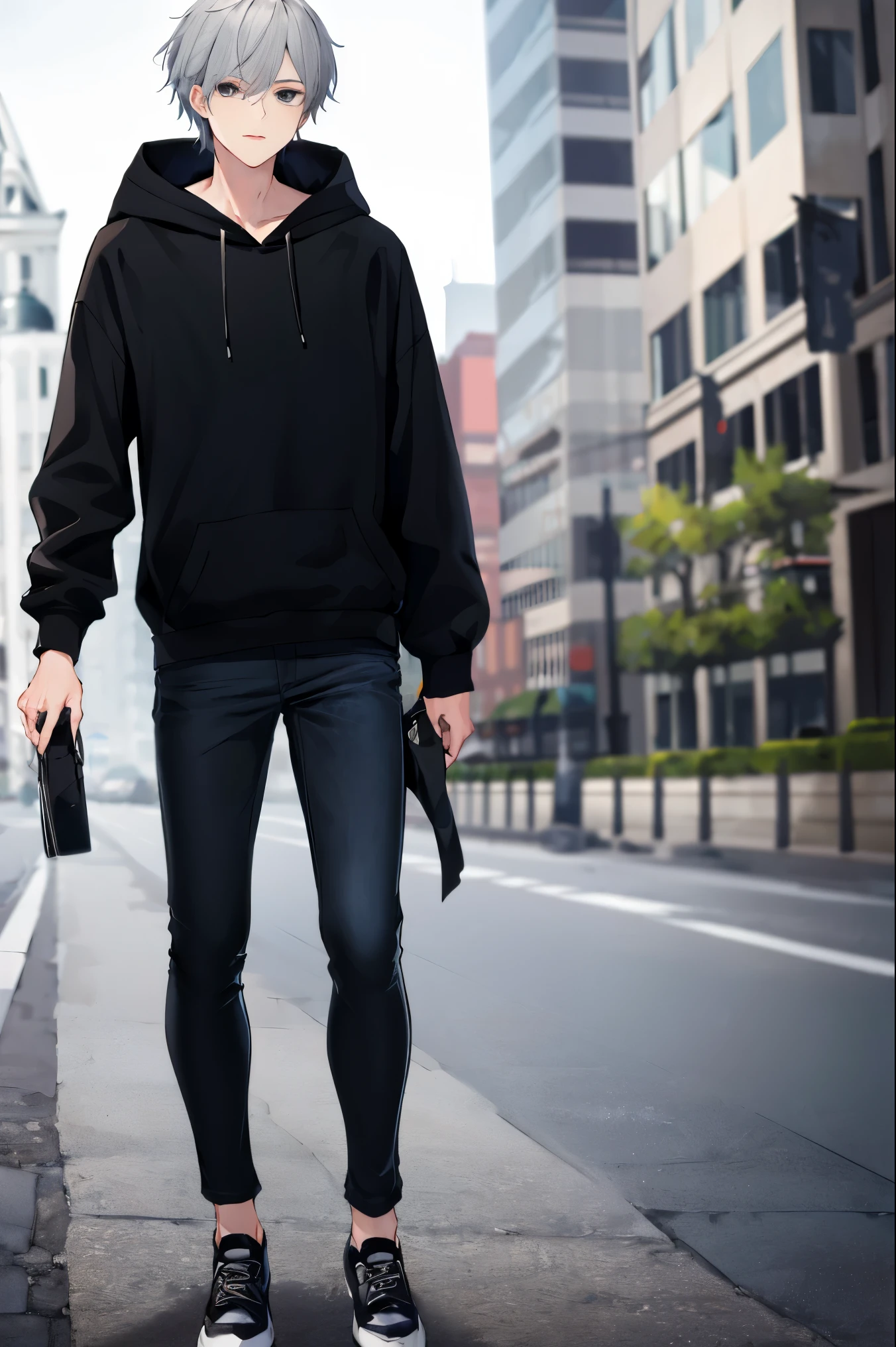 1 male, best quality, gray hair, black eyes, black hoodie, black jeans, minecraft blocks