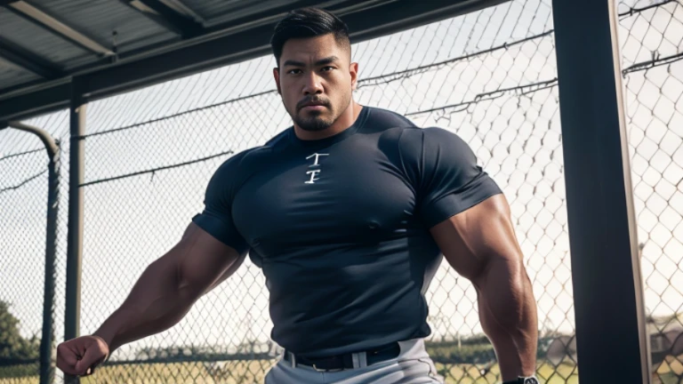 (Highly detailed 8K wallpaper), asian man, muscle worship, arms crossed, On the playground, baseball uniform, high detail, very short hair, shaved head, buzz cut, very large and strong body, bulging muscles, muscular, very large pectoral muscles. Very sexy abs, legs are muscular, Toned figure, lightens oily skin, muscular, Tank top, T-shirt, long shot, wide shot