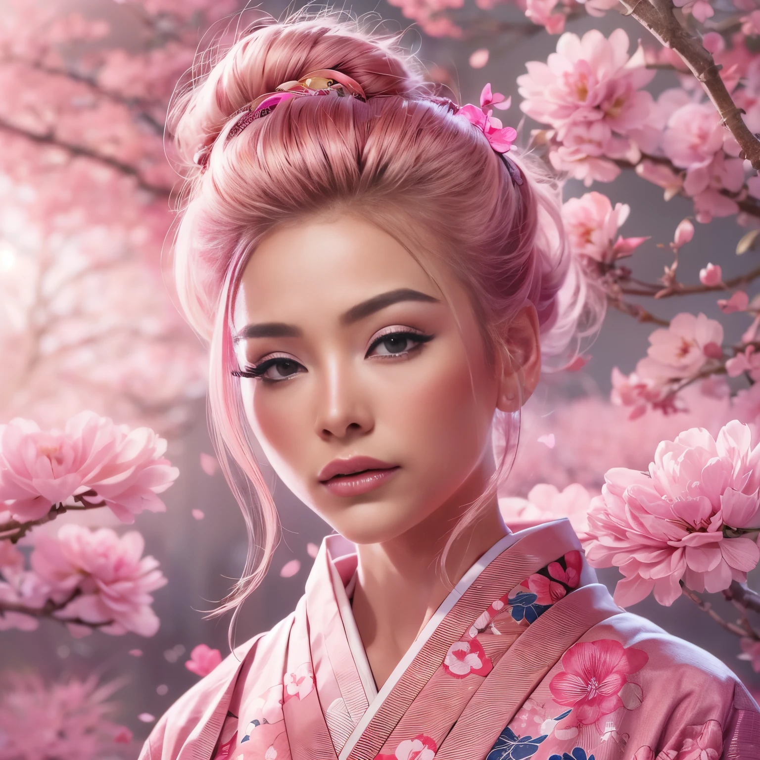 A hyper-realistic, highly detailed, and high-resolution 16k image of a young, beautiful female with engfa face. she has top bun pink hair and translucent skin, and dressed in a traditional pink Japanese kimono with a small flower design. The image captures the ethereal beauty and mystique of the spirit world. The style inspired by the delicate, soft aesthetic found in traditional Japanese art. The background was full of pink sakura tree with pink lighting.
