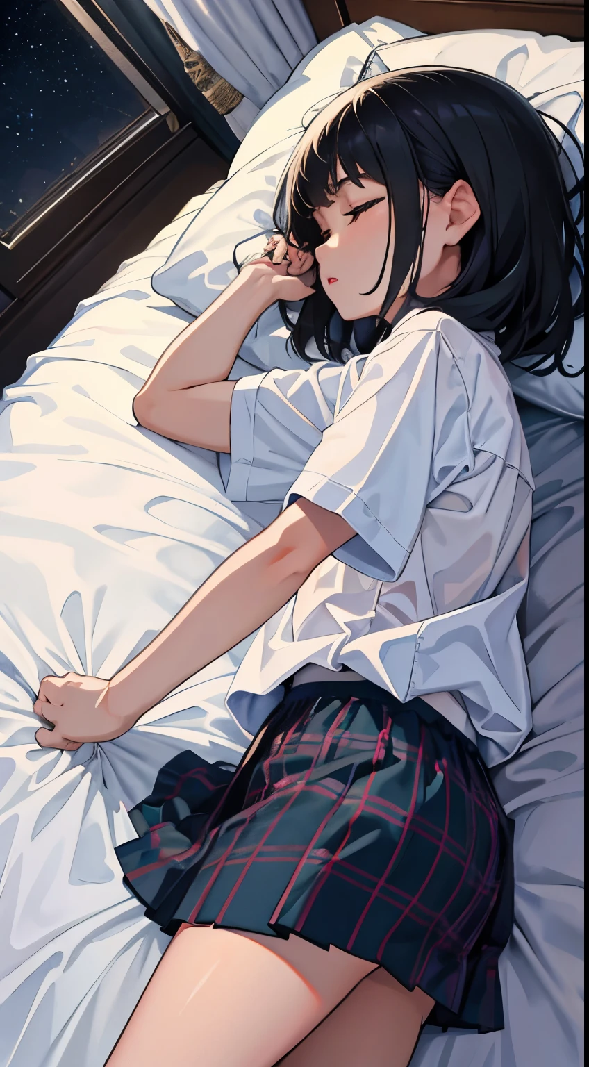 ()，（masterpiece，Top quality)，sleeping in bed，short sleeve，plaid mini skirt，black hair，night，night景