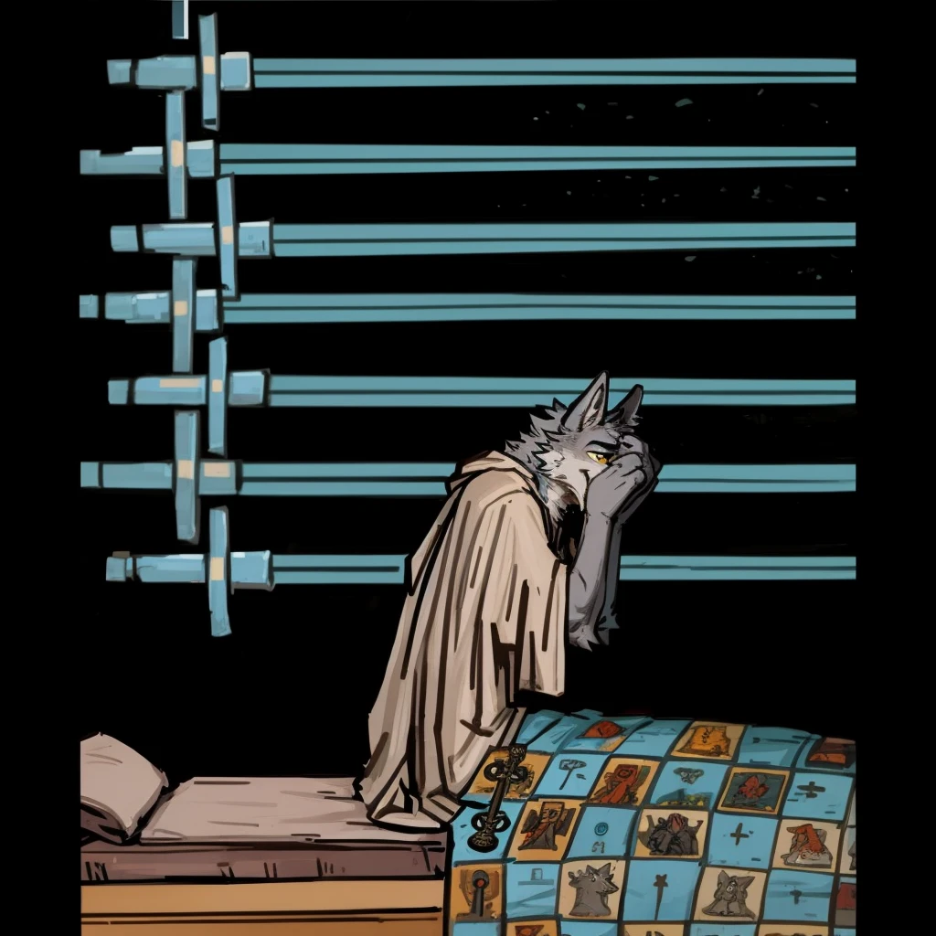 by tzarvolver, by orf, (((wolf))), (gray fur), anthro, in bed, sitting up, hands on face, tarot card, 9 of swords, blanket over body,  