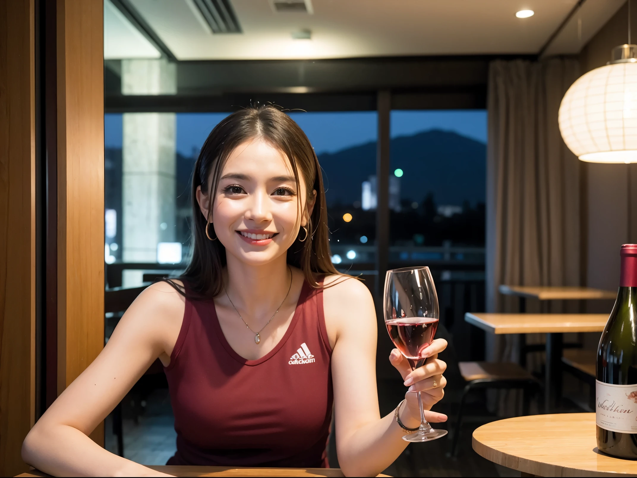 (64km race, ticker, highest quality, pieces fly: 1.2), (reality, that'realistic: 1.37), pretty woman 1, (slim face), (slimボティ), (brown hair), (shortcut), Colombian、Brazilian、Japanese、Dutch、American、french、cheeks blush a little, (40 years old), 38 years old, alone, A beautiful and detailed night view spreads out outside the window.........., restaurant, wine glassに座って, At night, in a prominent place (from the Upper body) nova frog style, actress, model, Upper body, White wine, slim, wine glass, very beautiful night view, 真ん中に置かれたwine glass, happy smile, (shy smile: 1.15), beautiful and fine eyes, Upper body 全身, bust japan up, at night, short story, short story, actress, model, Upper body, White wine, slim, wine glass, very beautiful night view, 真ん中に置かれたwine glass, happy smile,