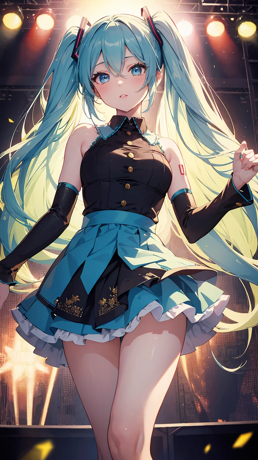 A girl with cute features like the popular character Hatsune Miku stands on a brightly lit stage in front of a cheering crowd. She holds a microphone in her hand, ready to perform a mesmerizing concert. The spotlight shines on her, creating a luminous effect around her. The concert venue is filled with an atmosphere of excitement and anticipation. The girl's delicate facial features, including beautiful detailed eyes, lips, and long eyelashes, are a captivating sight. The image is of the highest quality, with ultra-detailed and realistic rendering, showcasing professional craftsmanship and vivid colors. The overall tone of the image has a vibrant and energetic feel, with studio lighting enhancing the stage presence. This masterpiece artwork combines the charm of Hatsune Miku with the spectacle of a concert performance, creating a visually stunning representation.