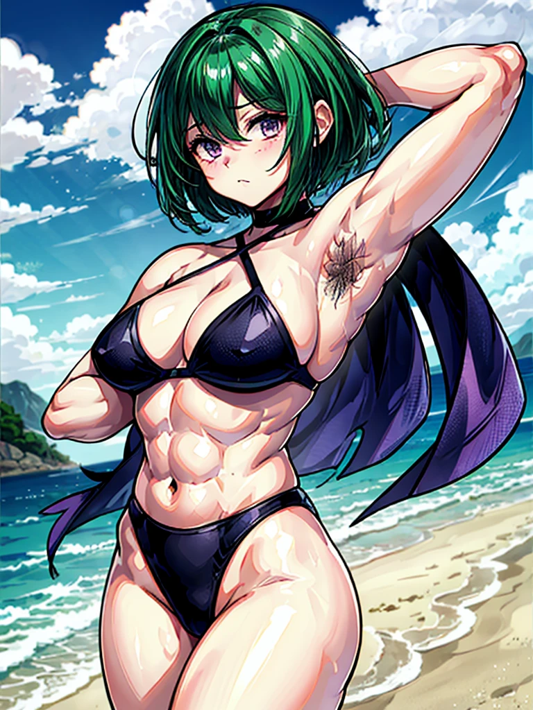 (((masterpiece、Highest image quality、highest quality、highly detailed unity 8kwallpaper)))、((Illustration of one girl))、(((beautiful girl)))、((green hair、very short hair:1.7、sidelocks、purple eyes))、(stocky build, thickset physique, muscular legs:1.5, broad shoulders, solid chest:1.6)、(((Green hairs、hairy armpits:1.4)))、(armpit hair:1.4)、swimsuit、sandy beach
