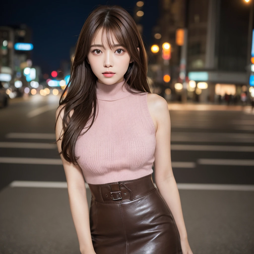 ((highest quality)), ((masterpiece)), (be familiar with), perfect face、(((middle hair))))、((((brown hair))))、highest quality、8K、HDR、High resolution、background blur、photograph、(RAWphotograph:1.2)、(realism:1.2)、(intricate details:1.2)、1 girl、solo、japanese girl、beautiful girl、perfect dynamic composition, beautiful and fine eyes, medium hair, big and full breasts, ランダムでsexyなポーズ,、(Plunging Mock Neck Crop Tank Top Pink Knitwear、Leather tight skirt、high heels)、(Breast bulge 1.2)、Tokyo cityscape、colorful lights、((night))、hair fluttering、Translucency、sexy、(beholder)、from the front、tight line of sight