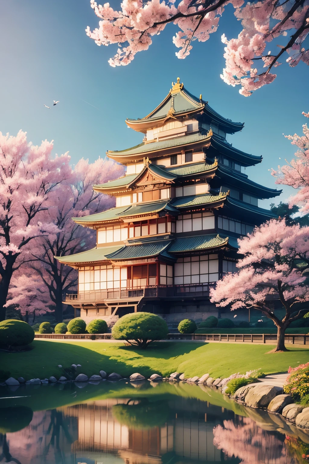 (highres,photorealistic:1.2),Osaka Castle,cherry blossoms,HDR,UHD,serene,iconic landmark,Japanese culture,peaceful,serenity,serene garden,natural beauty,traditional architecture,delicate cherry blossoms,pink and white petals,tranquil,calm reflection,reflection on the water,floating petals,crimson foliage,tranquil atmosphere,springtime colors,picturesque,towering castle,beautiful skyline,serene park ambiance,serene atmosphere,harmony between man-made structure and natural environment,cultural heritage,serene scene of tranquility,serene surroundings,network of walking paths,serene and dream-like setting,picturesque beauty,peaceful ambiance,lush greenery,peacefulness of the historic landmark,serene contemplation,serene atmosphere of Japan,serene harmony of nature and architecture,serene and peaceful garden ambiance