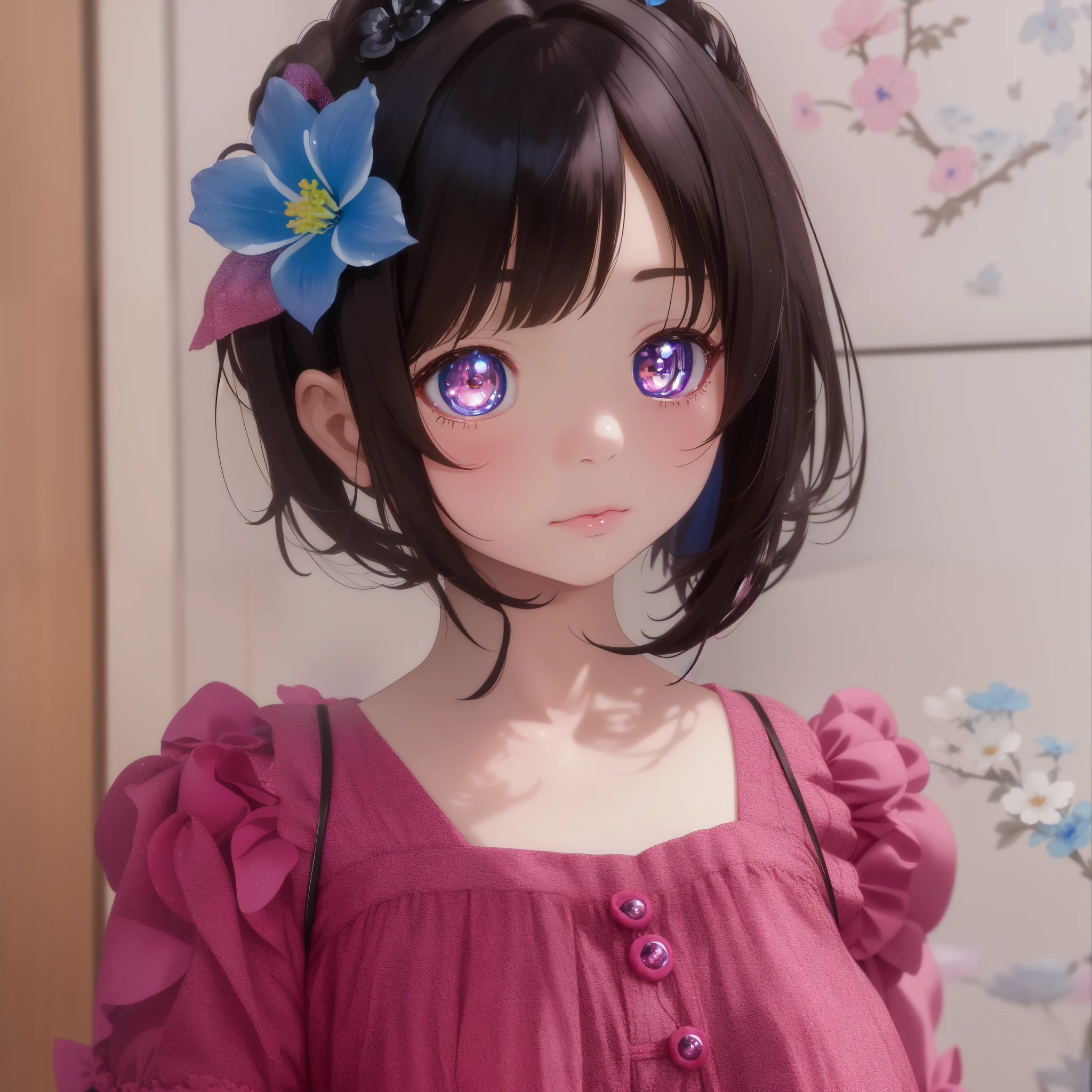 there a doll with a blue flower in her hair, skydoll noa, plastic doll, detailed image, hyperrealistic , anime barbie doll, black hair and large eyes, china doll face, ultrarealistic sweet bunny girl, short brown hair and large eyes, with very highly detailed face, integrated synthetic android, realistic young anime girl, hyperrealistic schoolgirl