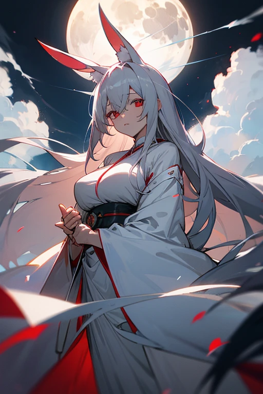 anime, woman, gray hair, White rabbit ears, red eyes, Moonlight night, full moon,long white robes, big breasts, strong