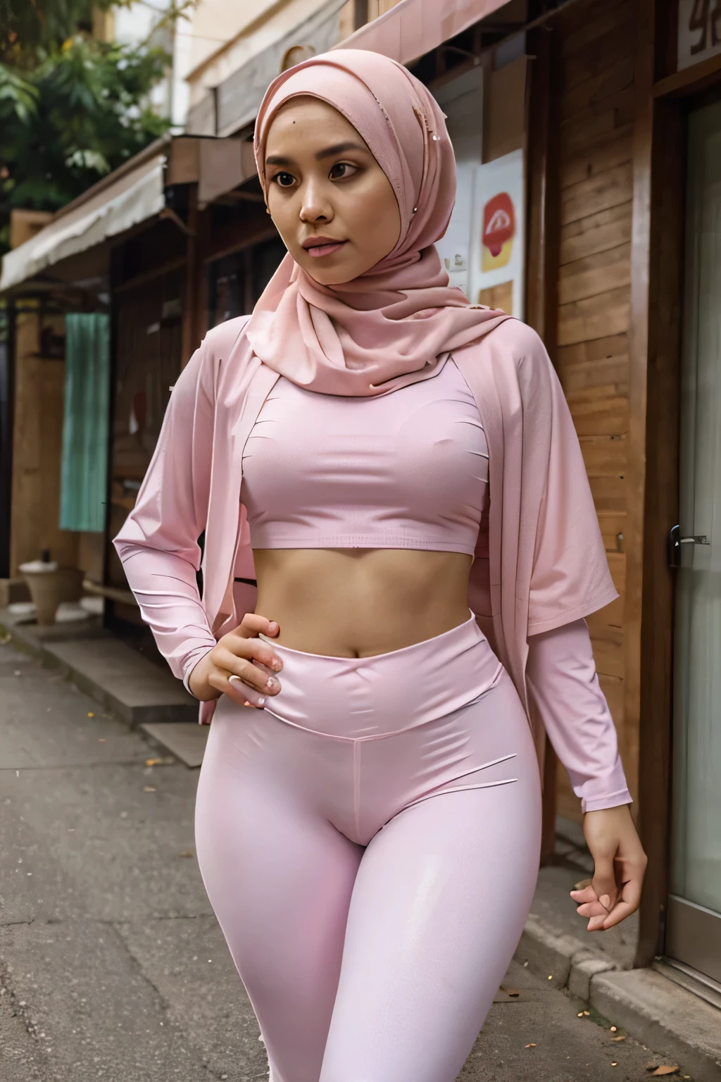 hijab malay, pink legging, cameltoe