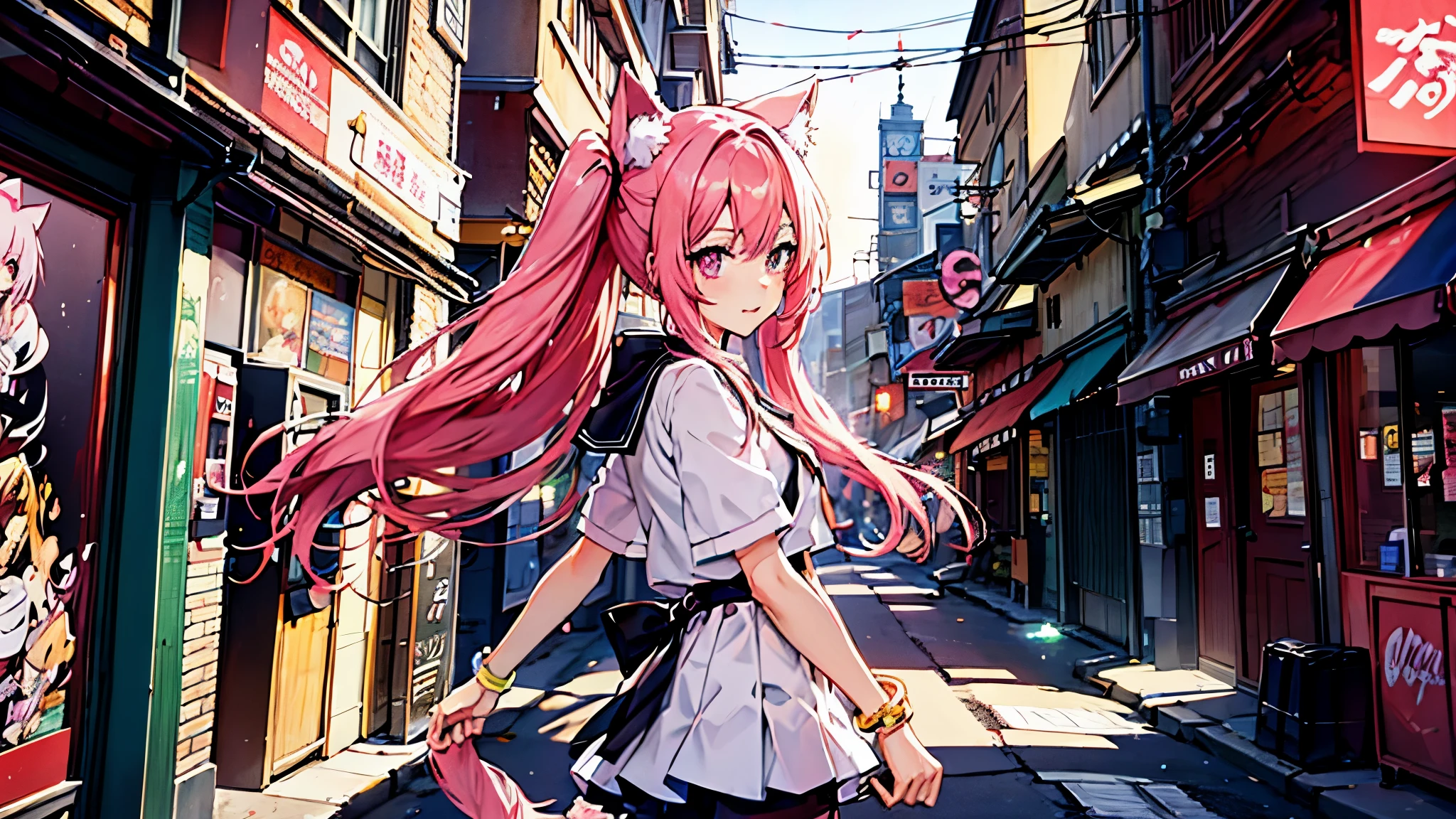 anime girl with pink hair and pink eyes with cat ears walking down a city street, pink twintail hair and cyan eyes, very beautiful anime cat girl, beautiful anime catgirl, anime girl with cat ears, cute anime catgirl, anime style 4 k, anime catgirl, anime art wallpaper 8 k, anime style. 8k, anime art wallpaper 4 k
