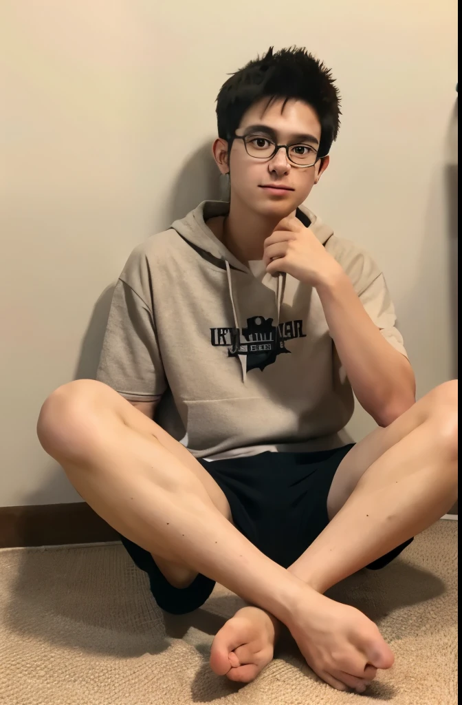 whole body, Barefoot, hairy legs, muscular and toned legs, long legs, teenager, male, muscular, Wearing shorts, Barefoot, 20代の成人male性, Japanese, Thin beard, black rimmed glasses, round face face