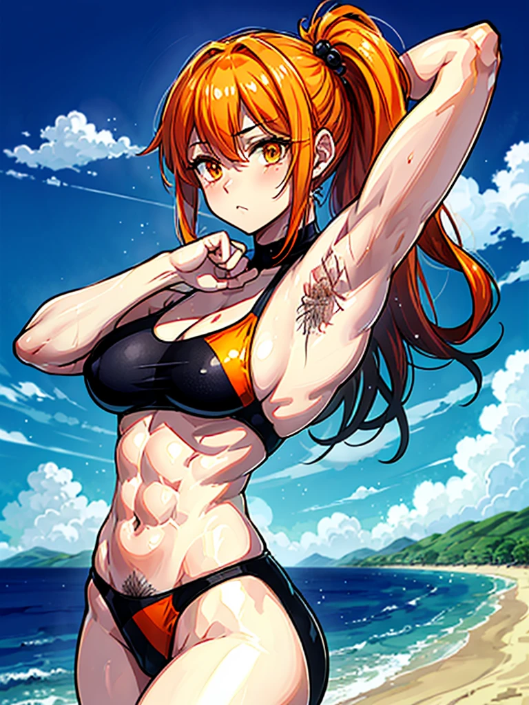 (((masterpiece、Highest image quality、highest quality、highly detailed unity 8kwallpaper)))、((Illustration of one girl))、(((beautiful girl)))、((orange hair、side ponytail、sidelocks:1.4、orange eyes))、(((stocky build:1.5, thickset physique:1.6, muscular legs, broad shoulders:1.6, solid chest:1.5)))、(((Orange hair、hairy armpits:1.8)))、(armpit hair:1.4)、swimsuit、sandy beach