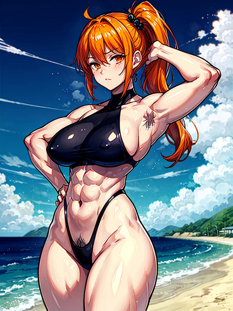 （（（masterpiece、Highest image quality、highest quality、highly detailed unity 8ｋwallpaper）））、（（Illustration of one girl））、（（（beautiful girl）））、（（orange hair、side ponytail、sidelocks：1.4、orange eyes））、（（（stocky build：1.5, thickset physique：1.6, muscular legs, broad shoulders：1.6, solid chest：1.5）））、（（（Orange hair、hairy armpits：1.8）））、(armpit hair:1.4)、swimsuit、sandy beach