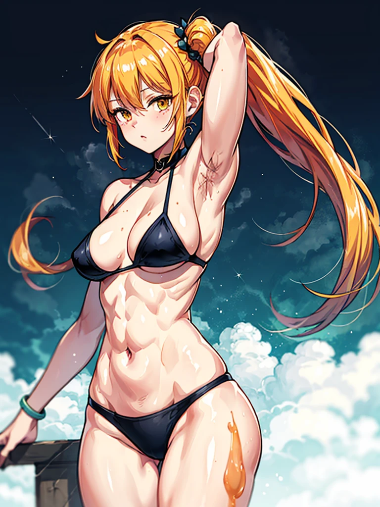 (((masterpiece、Highest image quality、highest quality、highly detailed unity 8kwallpaper)))、((Illustration of one girl))、(((beautiful girl)))、((orange hair、side ponytail、sidelocks:1.4、orange eyes))、(((stocky build:1.5, thickset physique:1.6, muscular legs, broad shoulders:1.6, solid chest:1.5)))、(((Orange hair、hairy armpits:1.8)))、(armpit hair:1.4)、swimsuit、sandy beach