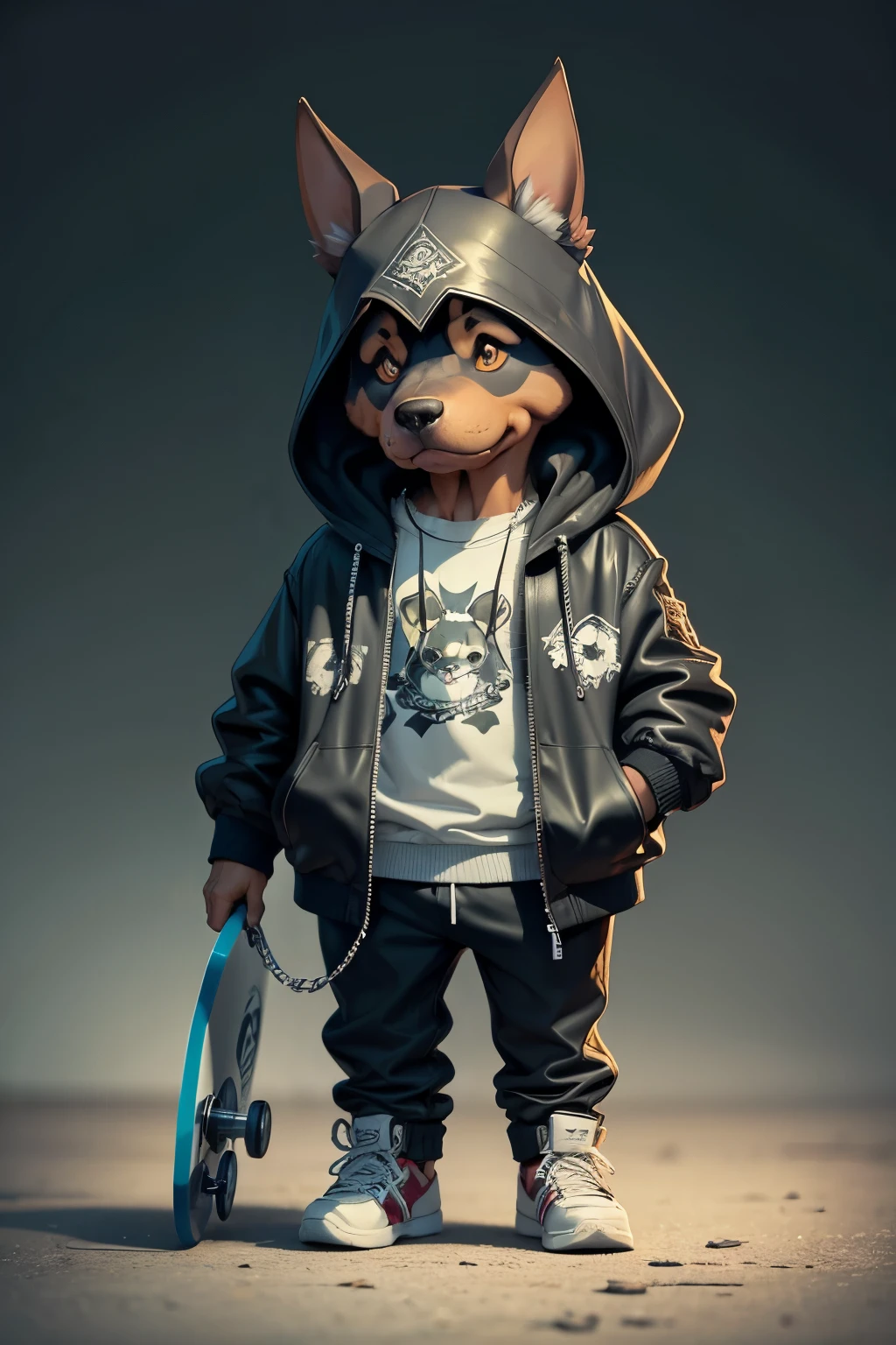 C4tt4stic, Cartoon Doberman dog in a skateboard with a jacket(Body hair black、Details of the appearance of the Doberman)