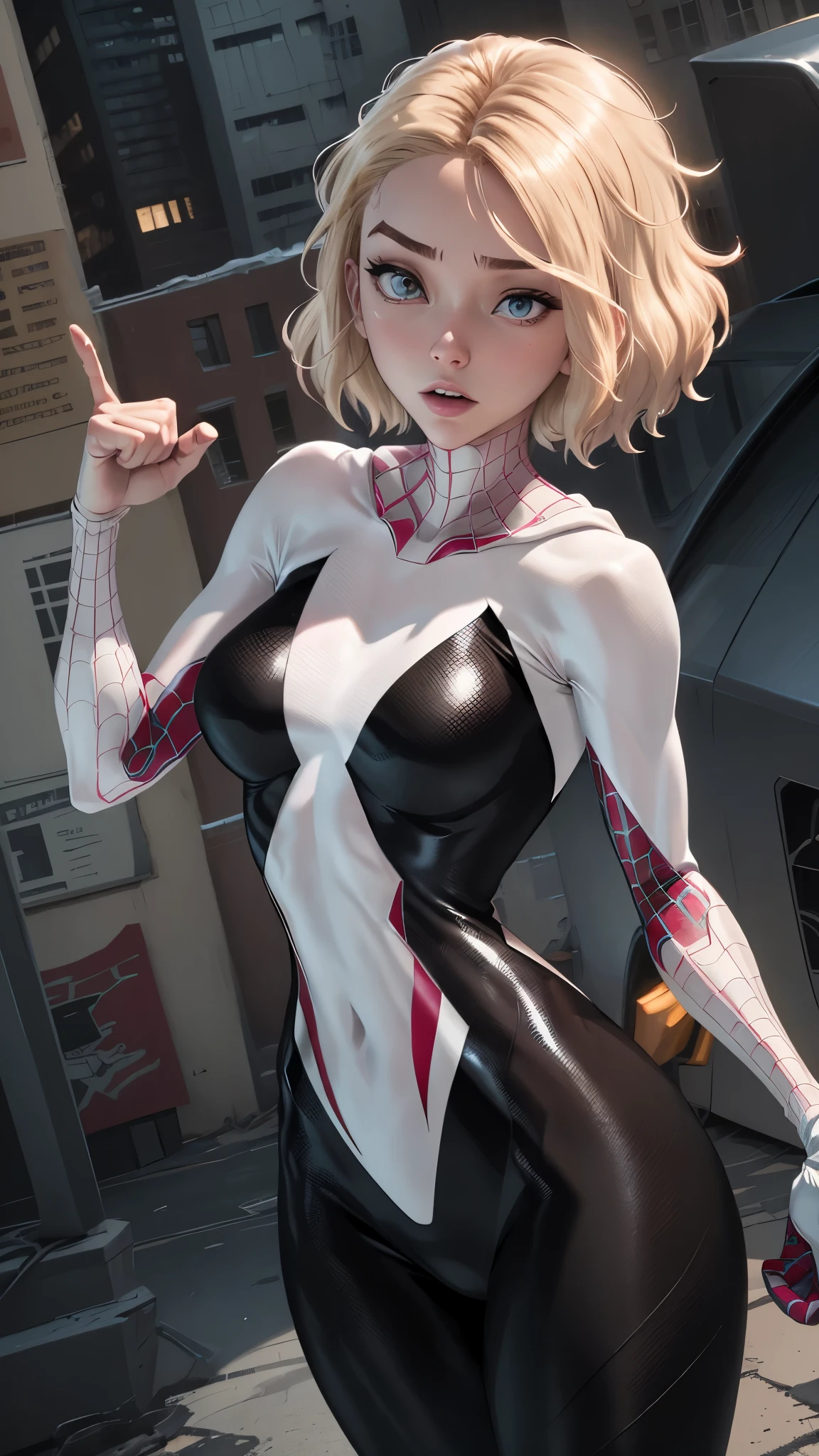 Spider-Gweb as a 18-year-old girl, upper body, close-up, black Spider-Man suit, short hair, blonde hair, beautiful face, fighting stance, rain, roof, masterpiece, exquisite details, perfect anatomy, cleavage, defiant expression