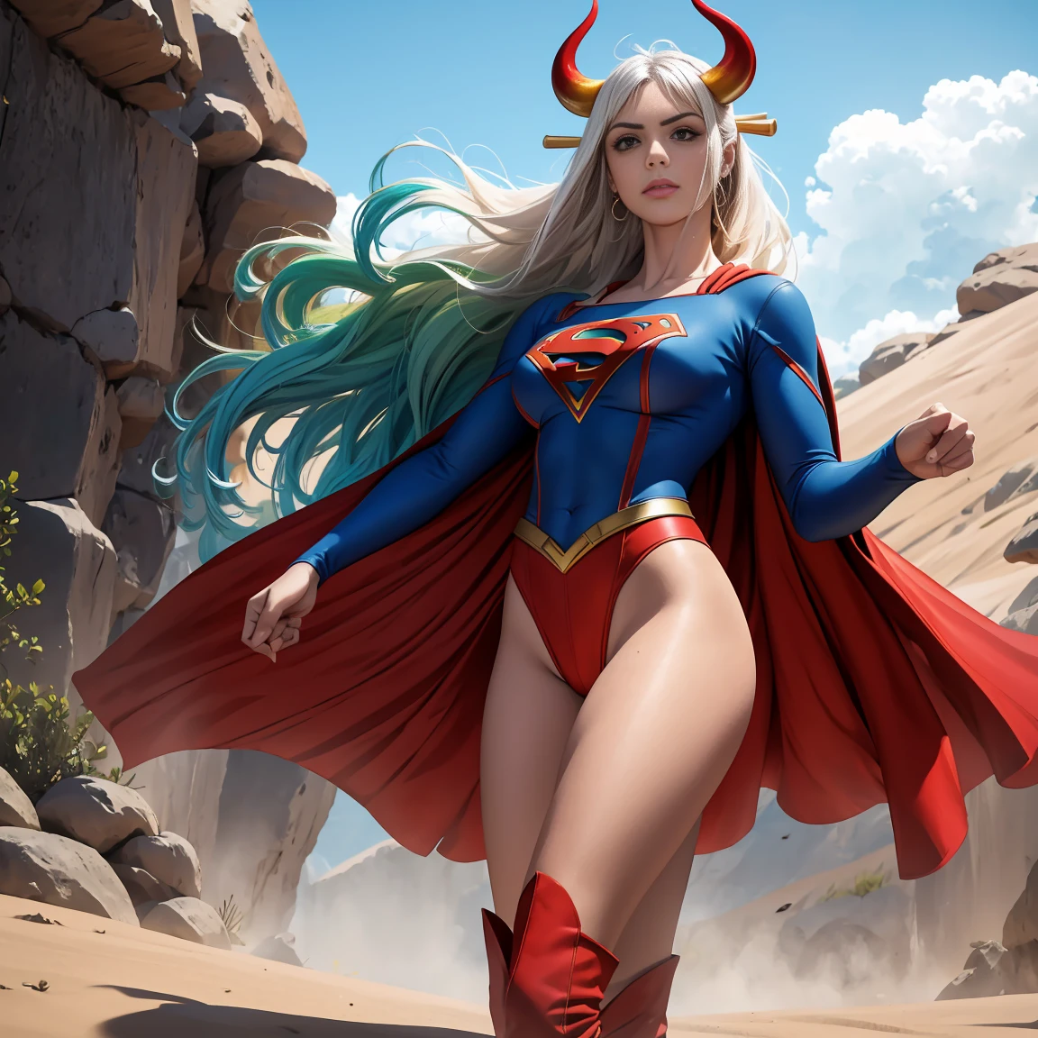 Detalhado cabelo branco longo,  tamanho de arquivo enorme, 1girl, demon girl, Superhero Supergirl, terno Supergirl, capa vermelha, S do super-homem no peito, blue swimsuit, saia azul, botas vermelhas, ultra sexy hiper sedutora, (Desert Oasis:1.1), Rosto extremamente detalhado, Foto RAW, filmic grain, master part, UHD, HDR, skin pores, maquiagem sedutora escura requintada, delineador escuro, buffalo horn with red tips ((longos cabelos brancos)), poses femininas sensuais sem vergonha, ((seios muito firmes)), (((tonificado, Impeccable, encaixe, corpo perfeito e anatomia;))), ((Olhando para o Viewer)), ((hiper sedutor)), profundidade de campo, alto, sexy , realismo, VFX, Volumetric lighting, volumetric light, volumetric, natural lighting, Detalhado e intrincado,  Detalhes intrincados, quantidade absurda de detalhes, absurdos, high resolution, na cidade