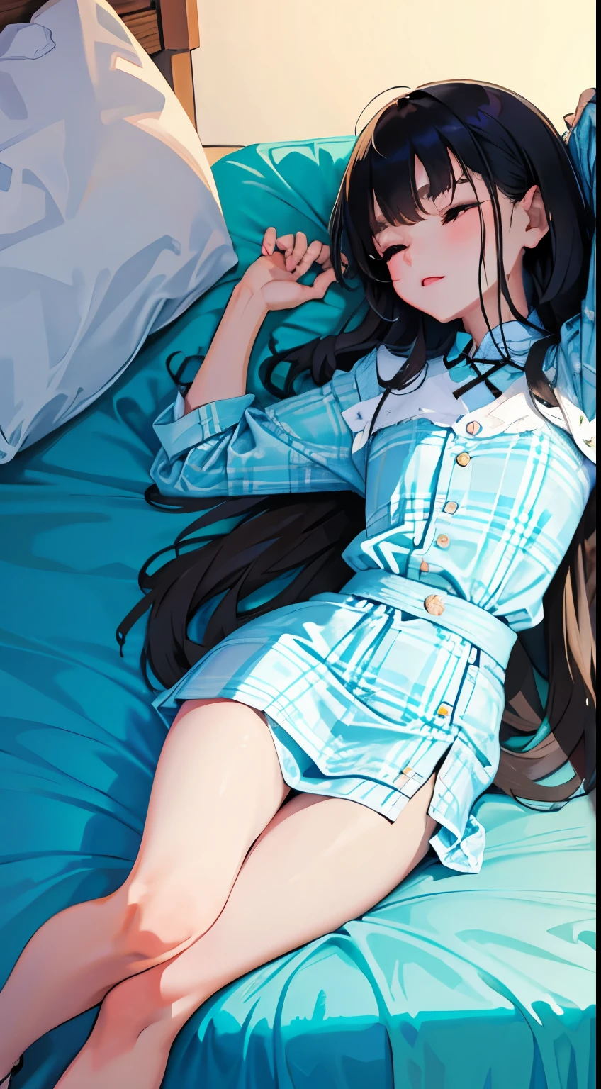 (child),(masterpiece,Top quality),sleeping in bed,Turquoise miniskirt with white plaid pattern,black hair,night,night景