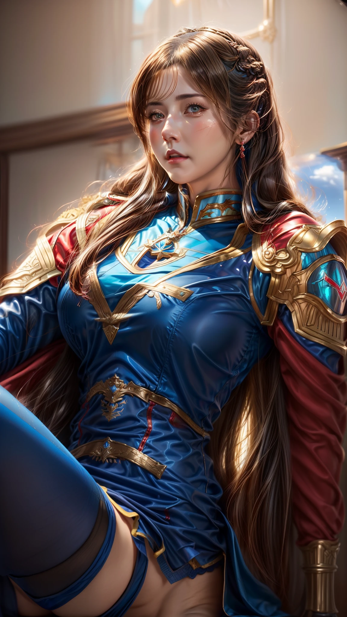 a close up of a woman in a blue and red outfit extreme realistic, extremely detailed artgerm, style artgerm, astri lohne, valentina remenar, kda, artgerm detailed, inspired by Li Chevalier, portrait knights of zodiac girl, jaina proudmoore, ig model | artgerm, artgerm. high detail