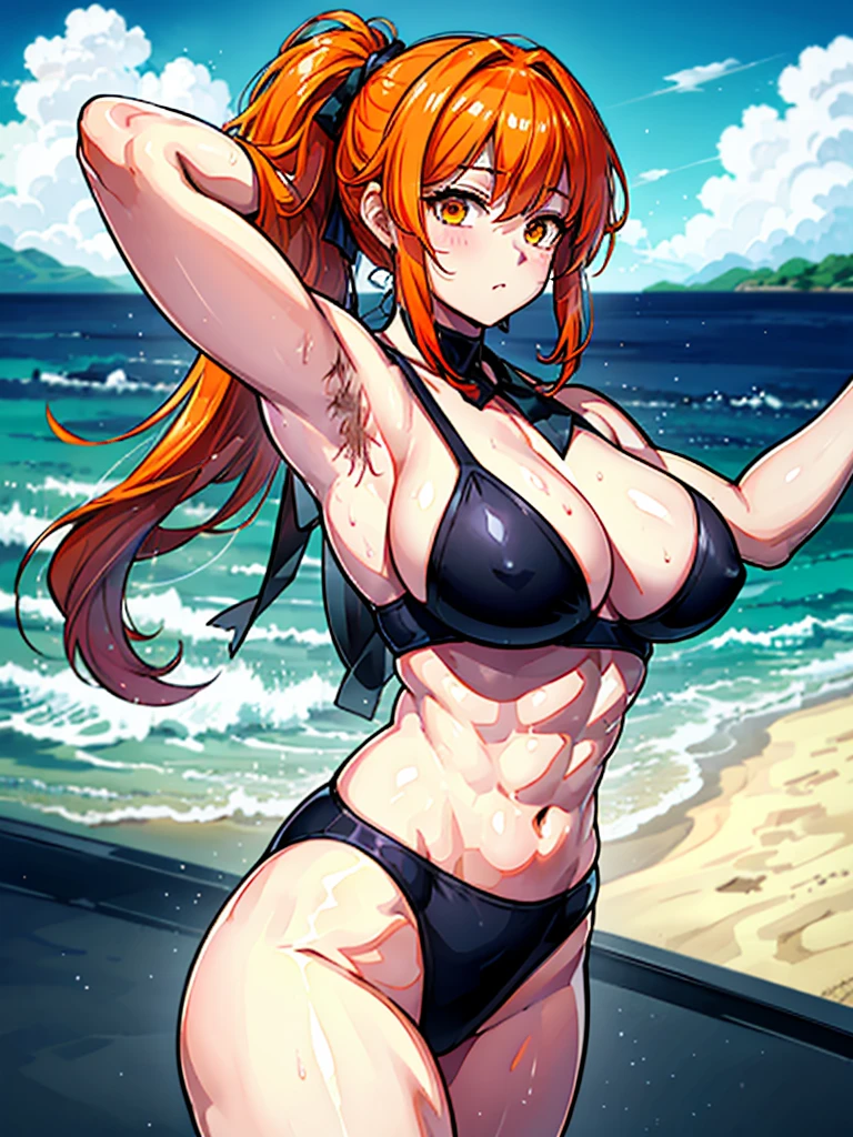 (((masterpiece、Highest image quality、highest quality、highly detailed unity 8kwallpaper)))、((Illustration of one girl))、(((beautiful girl)))、((orange hair、side ponytail、sidelocks:1.4、orange eyes))、(((stocky build:1.5, thickset physique:1.6, muscular legs, broad shoulders:1.6, solid chest:1.5)))、(((Orange hair、hairy armpits:1.8)))、(armpit hair:1.4)、swimsuit、sandy beach