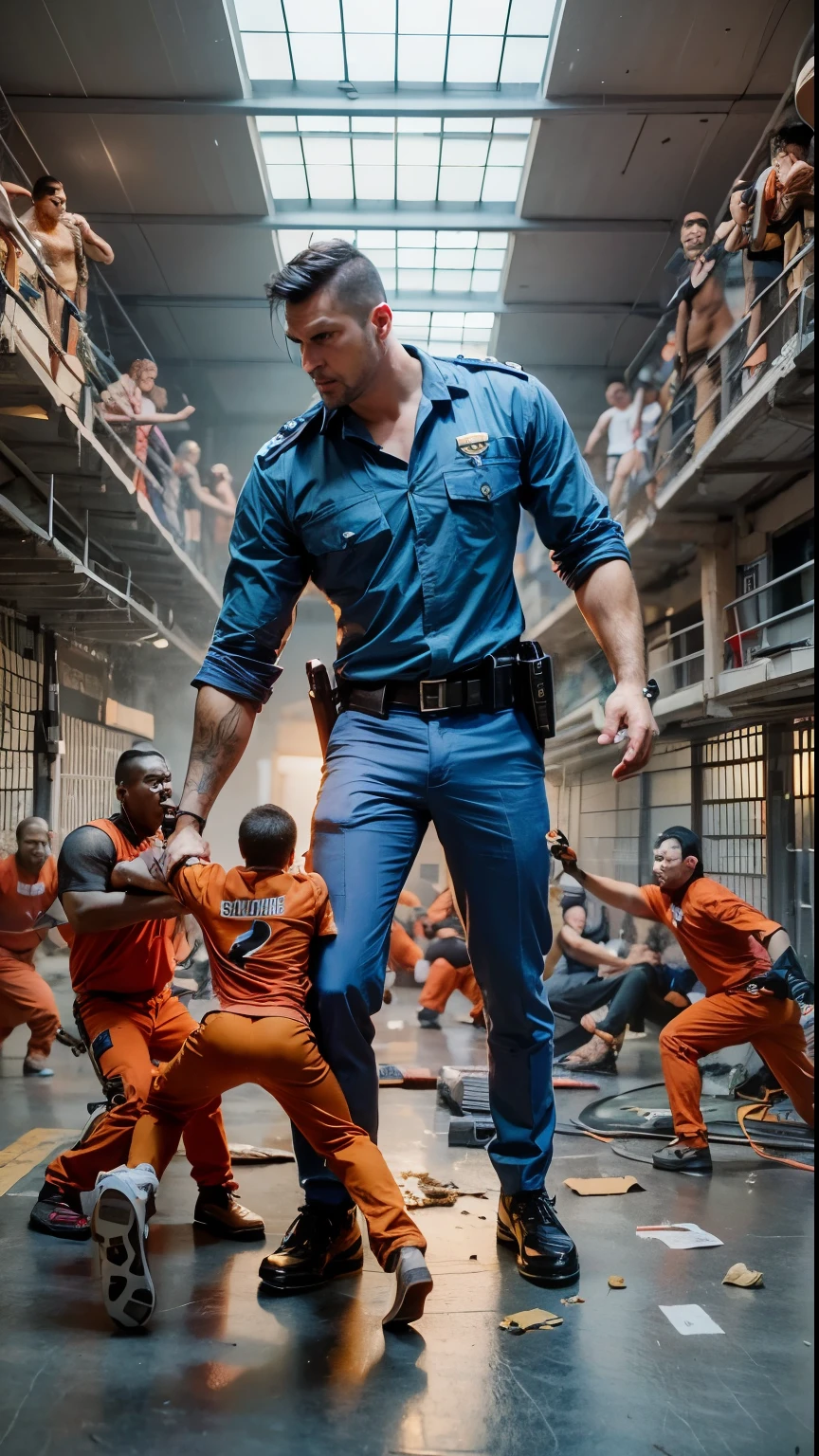Giant and strong policeman arrest a group of short prisoners, very very tall, strong, giant man