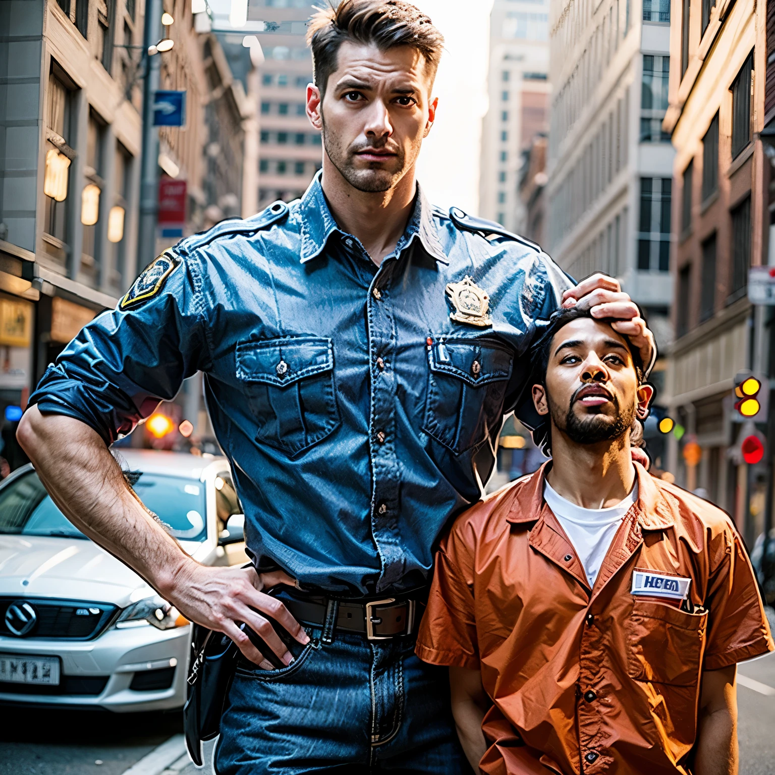 incredible tall and strong policeman arrest a short male prisoner, super tall policeman, short man