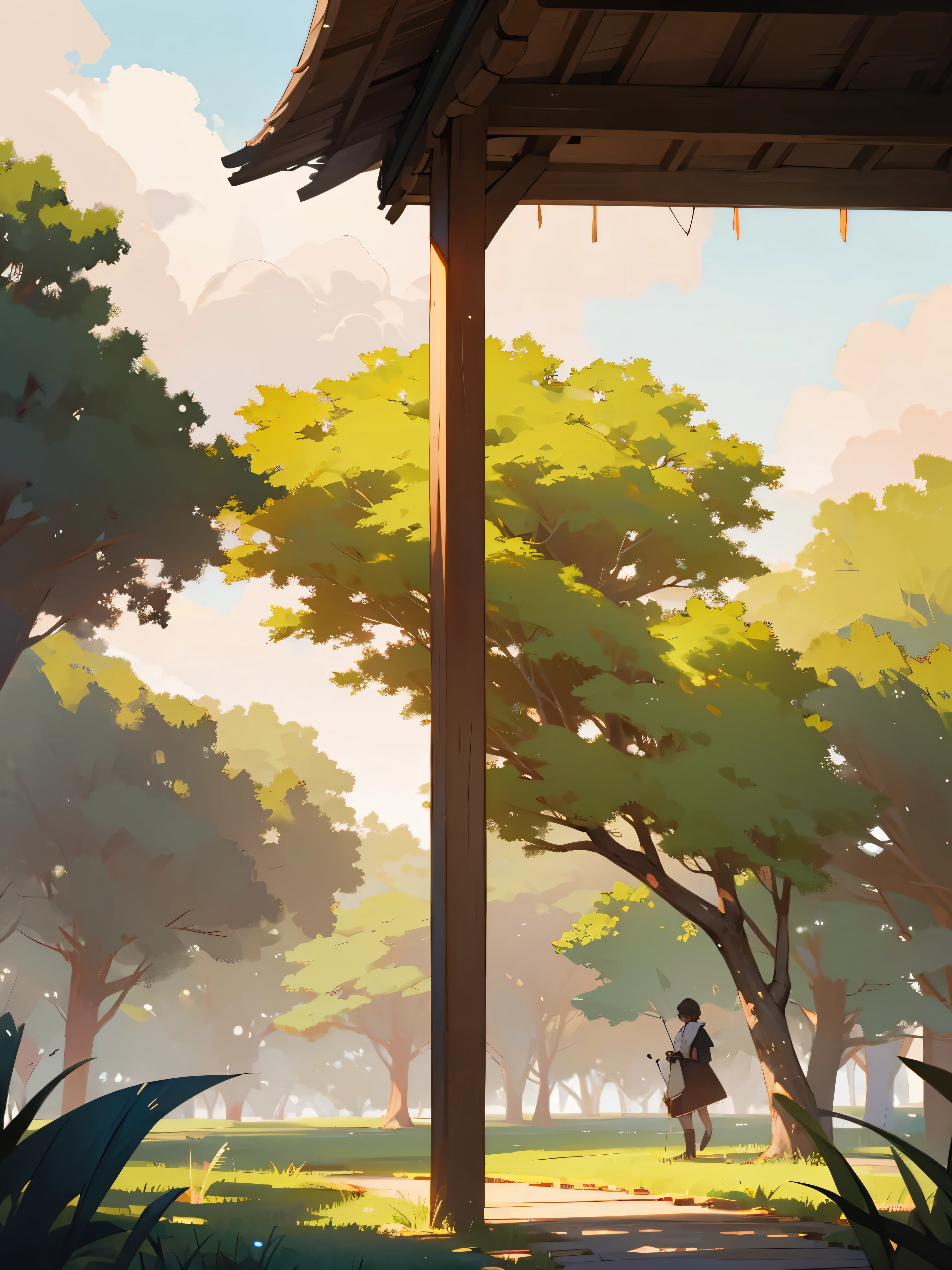 under a gazebo with thatched roof, day time,