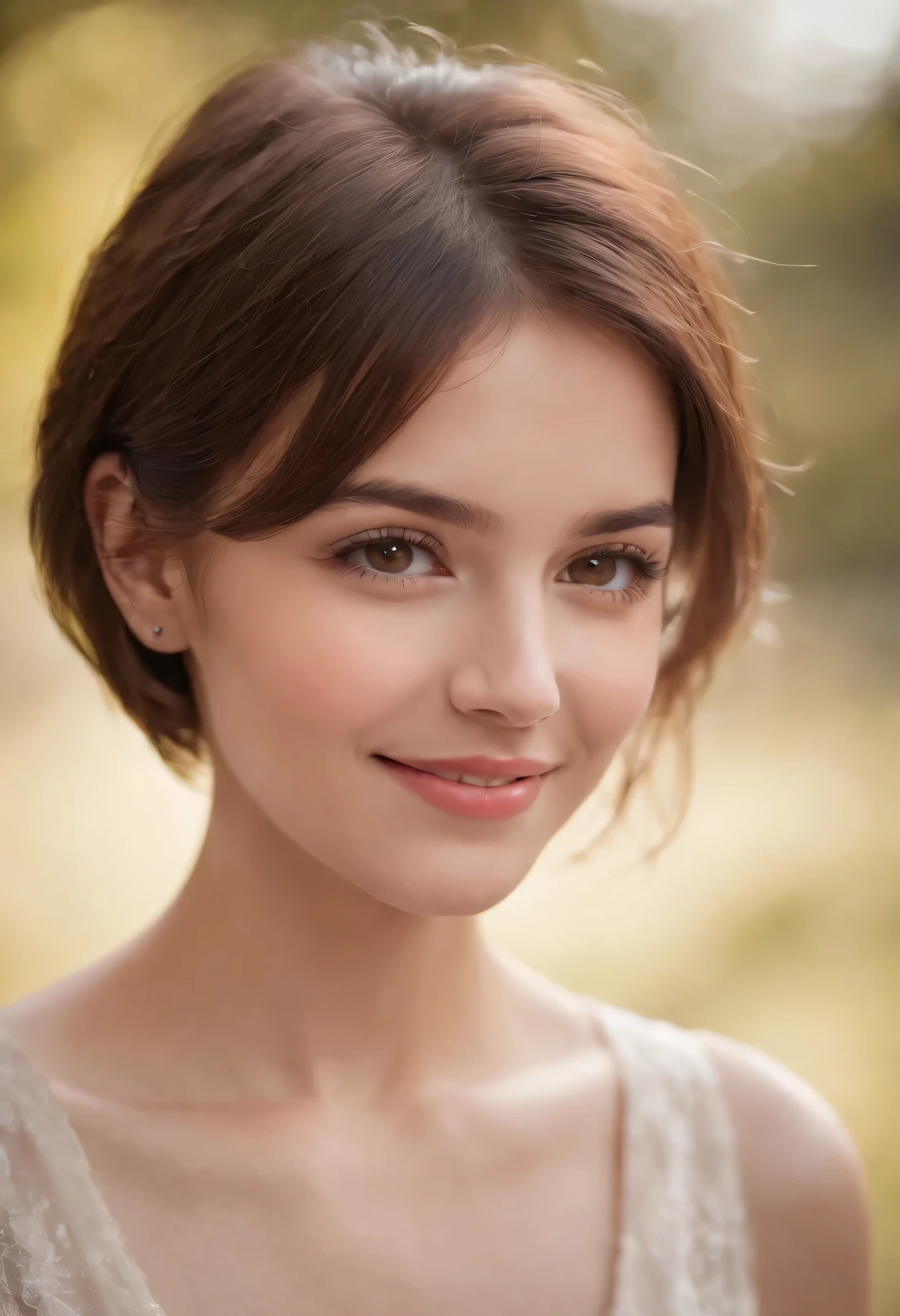 1girl, brunette, brown eyes, short hair, smiling,