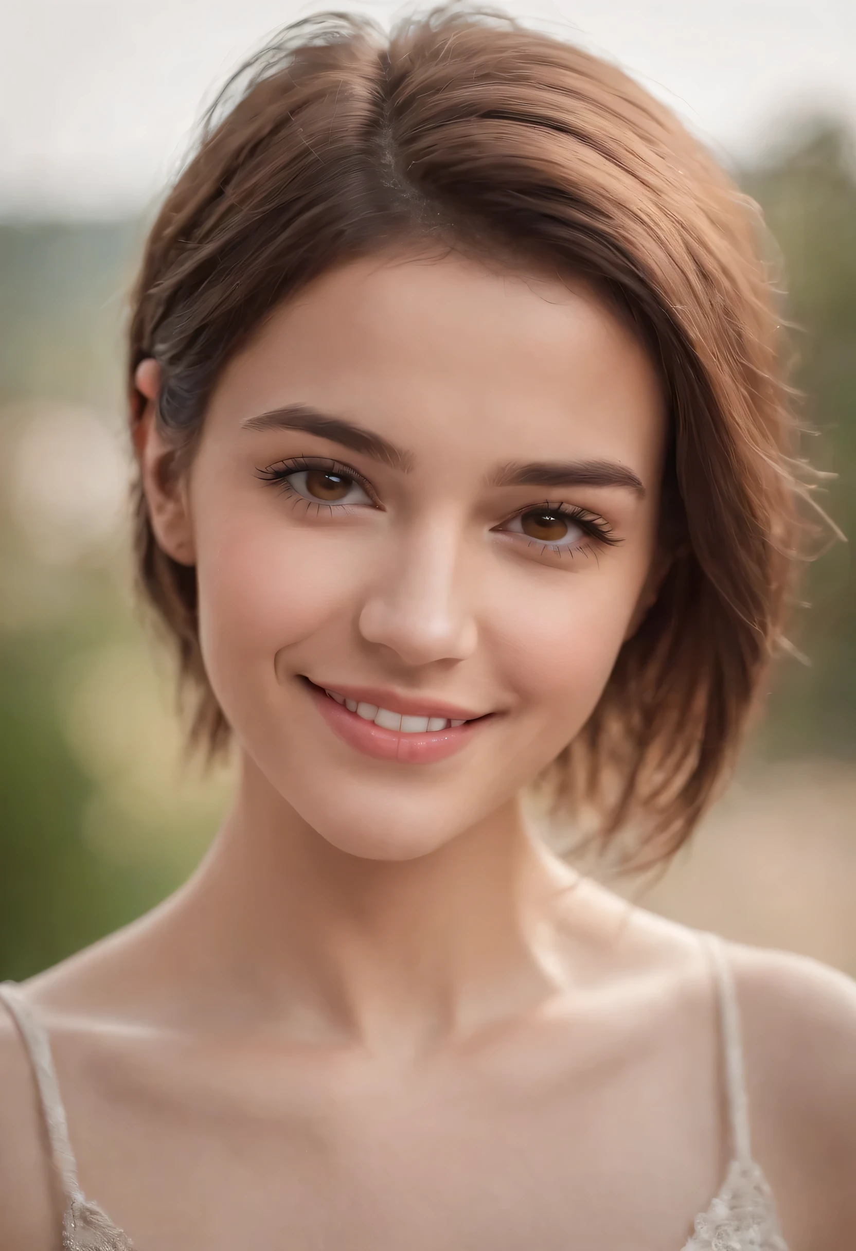 1girl, brunette, brown eyes, short hair, smiling,