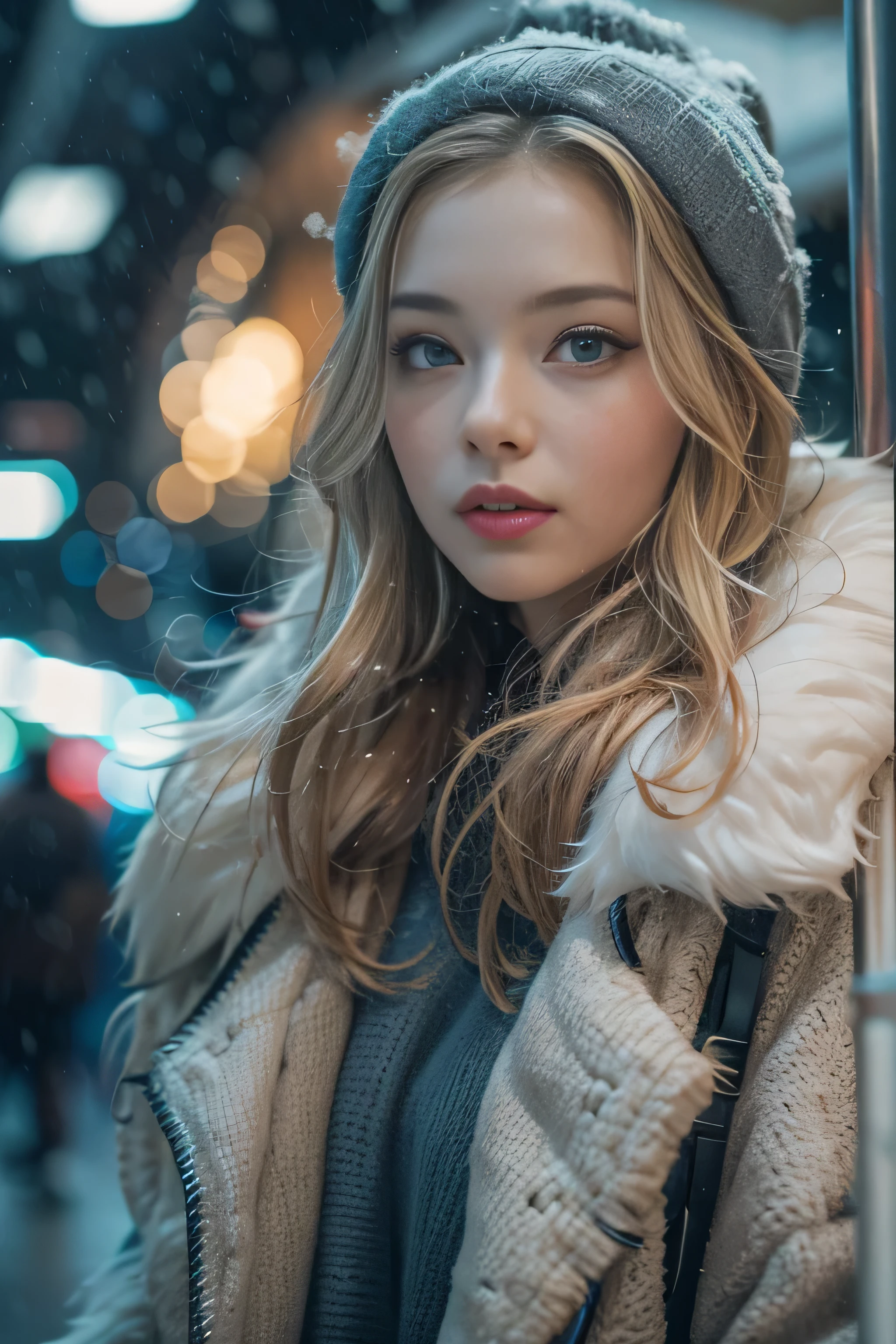 1 female、(european:2.2)、Early 20s、(super beautiful)、(super beautiful顔)、(golden middle hair)、(blue eyes)、wearing makeup、Standing on the platform of London station at night、The background is a stopped train、shallow depth of field、(that'It's snowing:1.1)、(upper body shot)、(beautiful fingers)