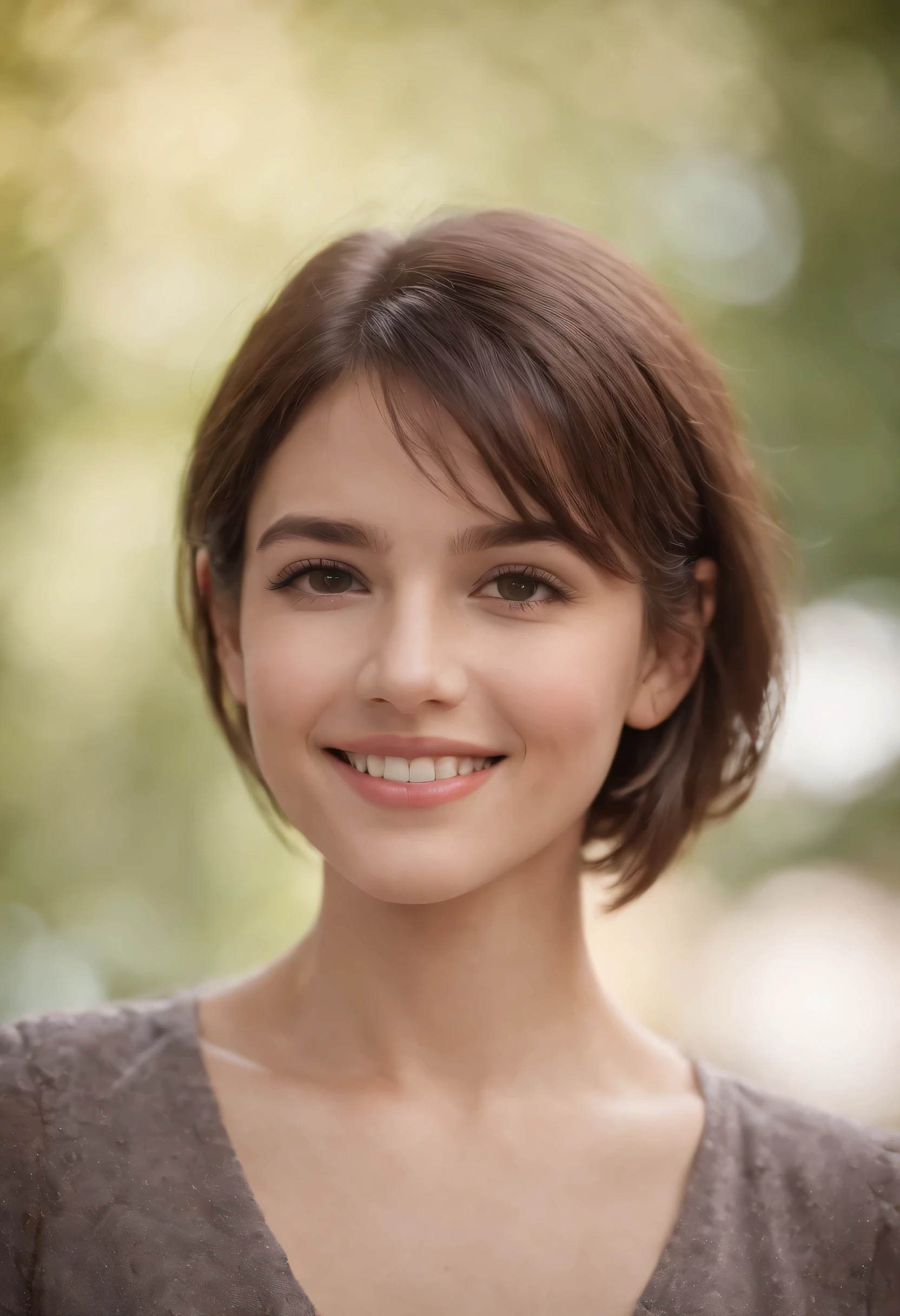 1girl, brunette, brown eyes, short hair, smiling,