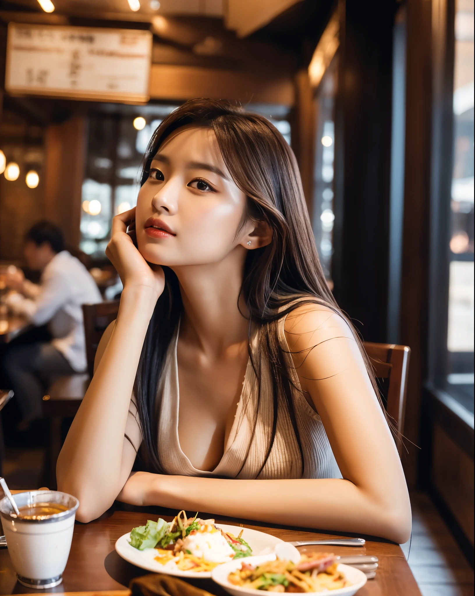 korean woman is posing in front of the restaurant table, very beautiful face, (photo realistic:1.4),(masterpiece, 4K, best quality, ultra detailed),studio shoot,pictorial,photography,realistic eyes, Ultra-Detailed Face, Detailed Lips, normal hand, glossy lips, glossy face, simple background