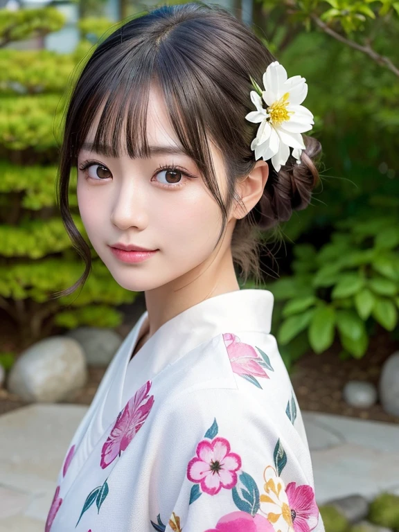 ((of the highest quality, 8K, masutepiece: 1.3, Raw photo)), Sharp Focus: 1.2, (1 AESPA Girl :1.1), Solo, (Realistic, Photorealistic: 1.37), (Face Focus: 1.1), Cute face, hyperdetailed face, (updo: 1.2), Small Smile, Japanese theme, flower pattern kimono, Washi background, standing at the Japan Garden, cinematic lighting, Beautiful Japanese makeup, A beautiful woman that symbolizes Japan culture