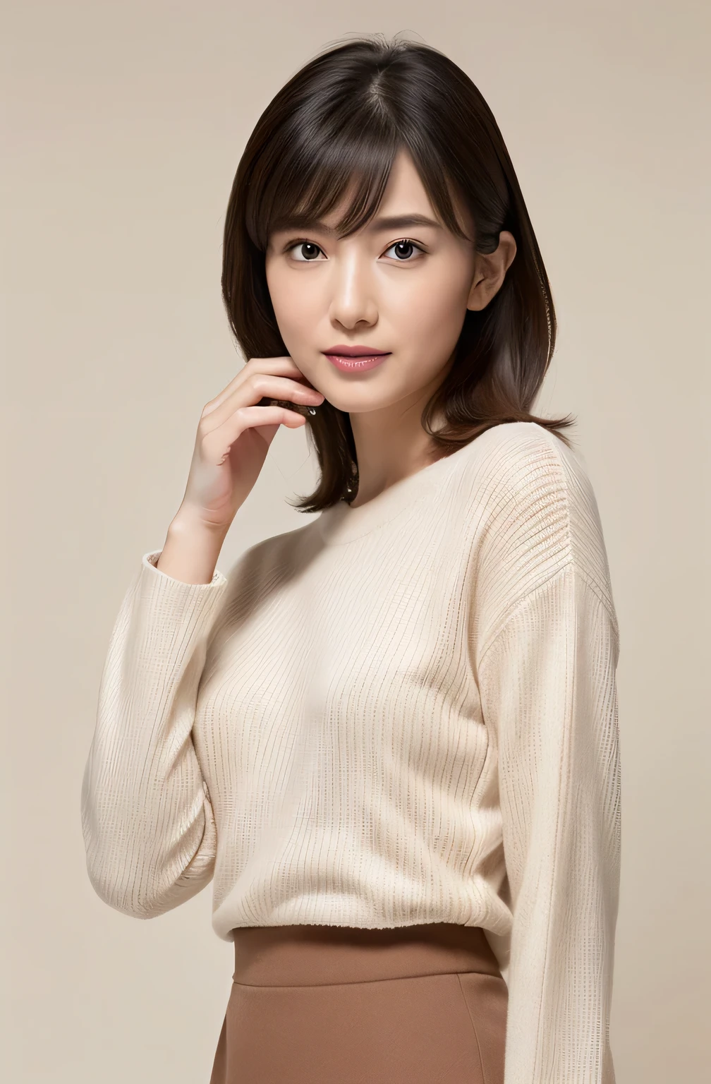 Masseter muscle part, highest quality, masterpiece, High resolution, Photoreal, RAW photo, 8k wallpaper, perfection, professional lighting, very detailed, written boundary depth,pale plain background, ((one beautiful woman)), ((30 years old)), women sexy, detailed face, beautiful eyes, bangs, well-shaped small breasts, light brown straight hair, faint lips, ((stand facing forward、look at the viewer&#39;serious face eyes.)),sweater, skirt, legs pop out of frame