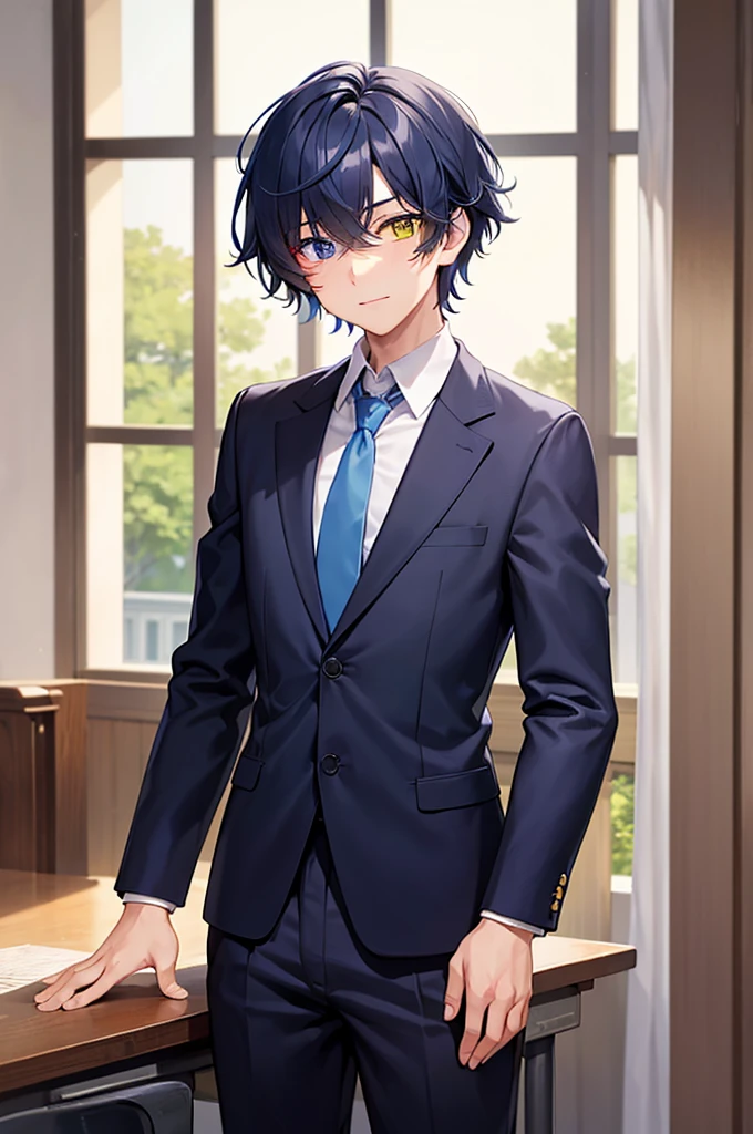 masterpiece, best quality, high quality, 1boy, solo, male focus, , school uniform, (blue tie:1.2),((Heterochromia)), (yellow left eye:1.1), blach hair, middle hair, hair over one eye, looking at viewer,