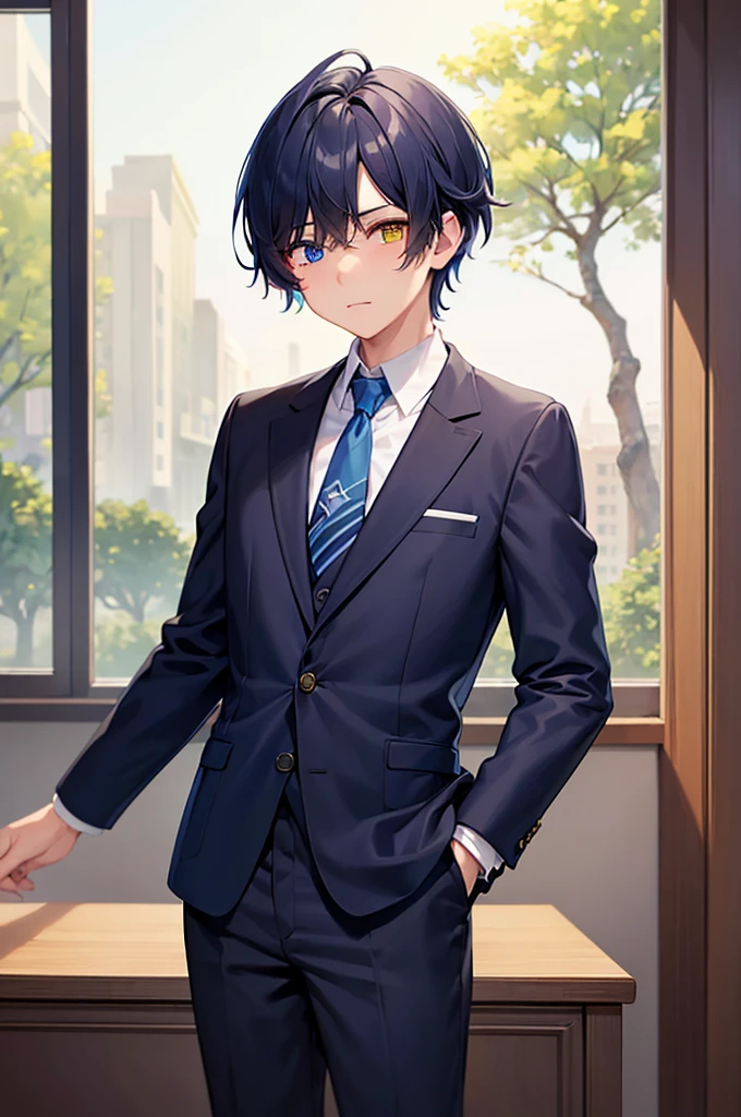 masterpiece, best quality, high quality, 1boy, solo, male focus, middle school student, school uniform, (blue tie:1.2),((Heterochromia)), (yellow left eye:1.1), blach hair, middle hair, hair over one eye, looking at viewer,