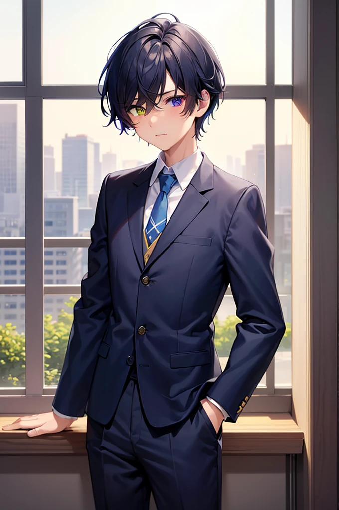 masterpiece, best quality, high quality, 1boy, solo, male focus, middle school student, school uniform, (blue tie:1.2),((Heterochromia)), (yellow left eye:1.1), blach hair, middle hair, hair over one eye, looking at viewer,