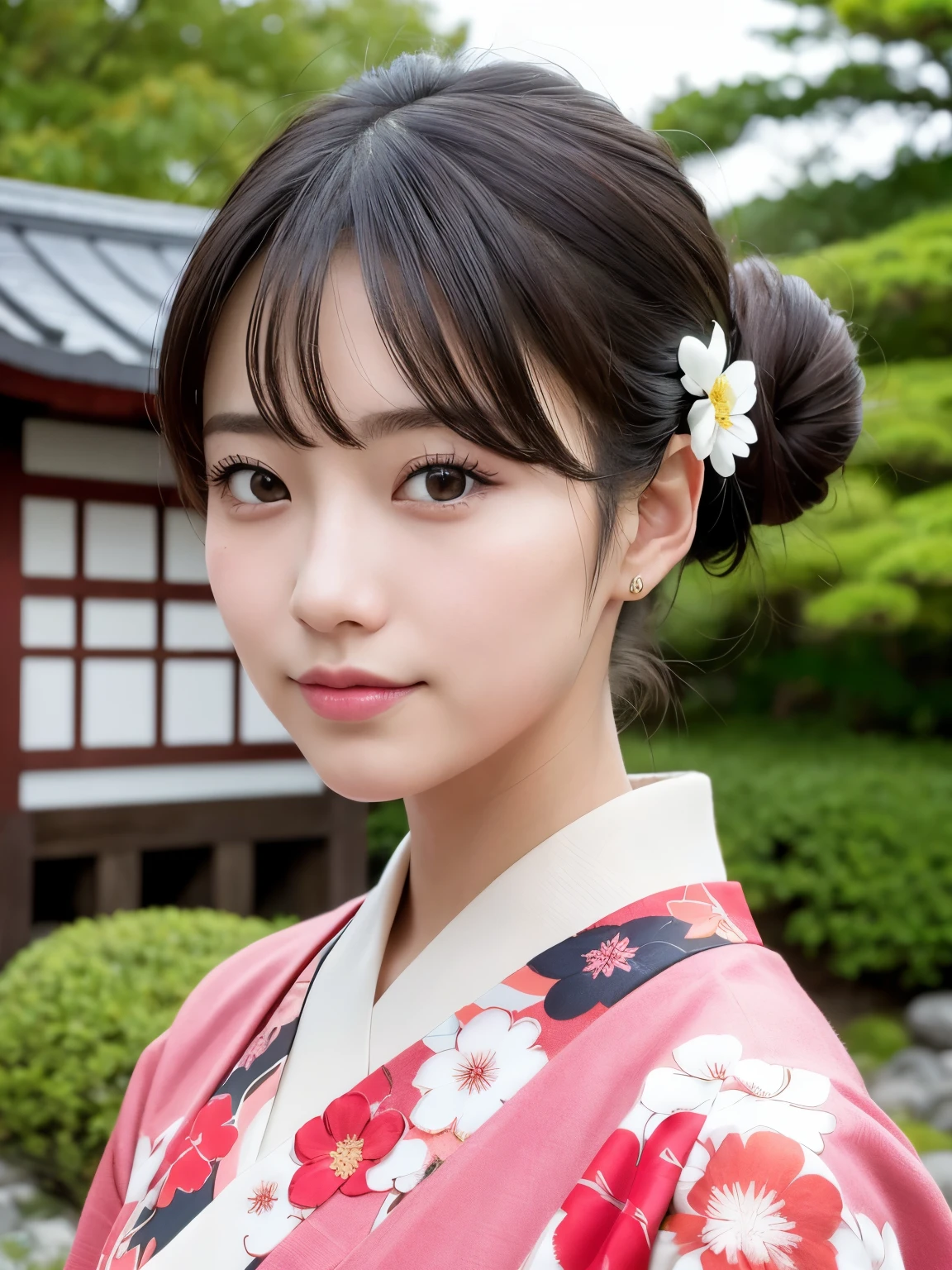 ((of the highest quality, 8K, masutepiece: 1.3, Raw photo)), Sharp Focus: 1.2, (1 AESPA Girl :1.1), Solo, (Realistic, Photorealistic: 1.37), (Face Focus: 1.1), Cute face, hyperdetailed face, (updo: 1.2), Small Smile, Japanese theme, flower pattern kimono, Washi background, standing at the Japan Garden, cinematic lighting, Beautiful Japanese makeup, A beautiful woman that symbolizes Japan culture