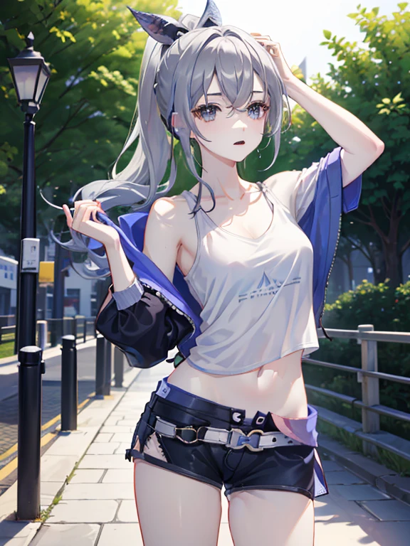 (masterpiece:1.2), (pale skin:1.2), (solo:1.2), (female:1.1), (emphasis lines:1.3), (:1.2), blue eyes, white hair, red hair, bangracelets:1.1), drill ponytail, (shorts:1.2), casual hoodie, bare shoulders, collarbone, (camisole:1.1), outdoors, day, earphone