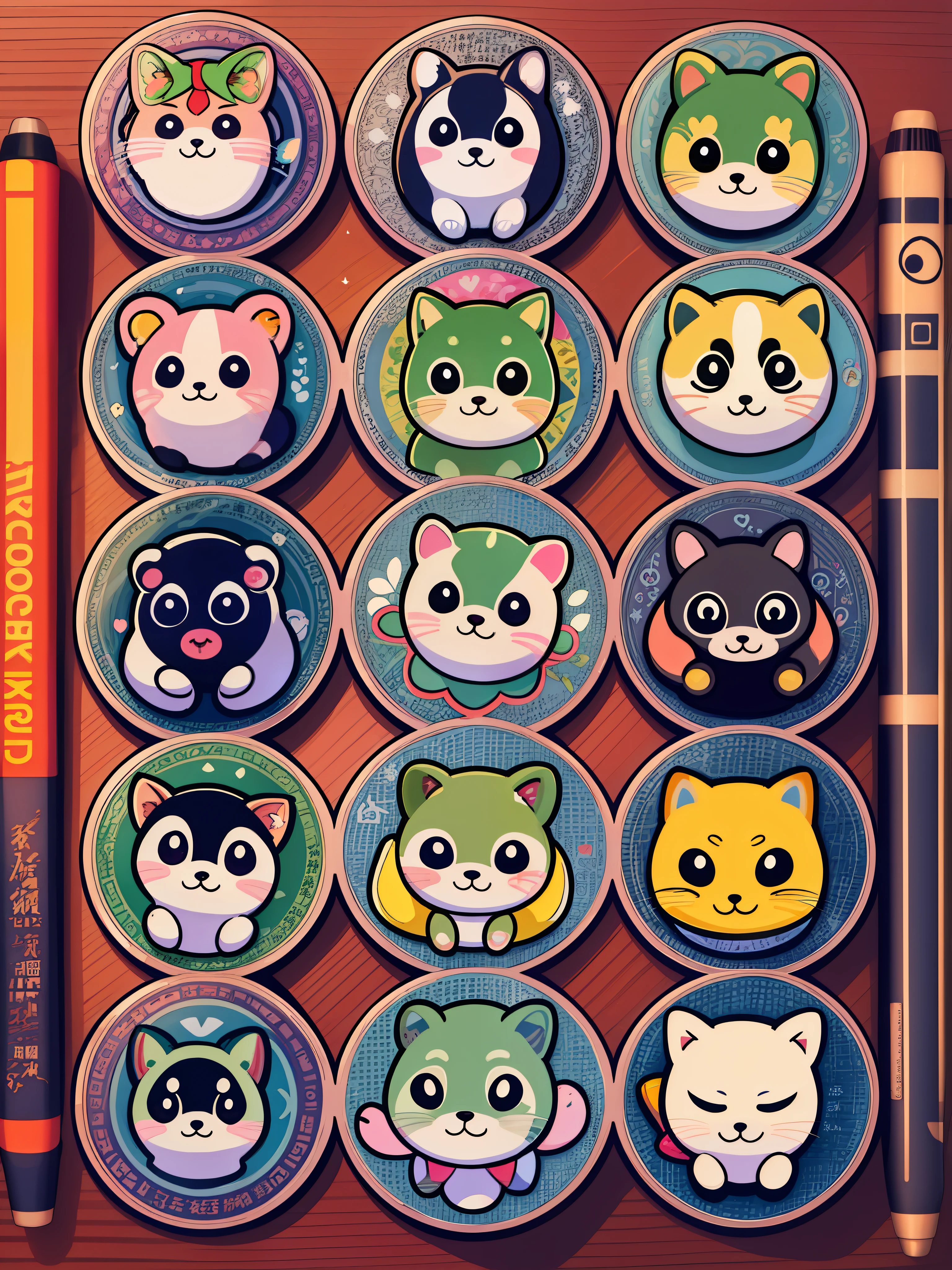 There are over 20 different animals and Chinese characters, hand painted cartoon art style, art cover, kawaii cutest sticker ever, stickers illustrations, Chi Building, Yoshiko Kono, cute features, Nakamotojie, by Push Xifeng, stickers illustrations, cute characters