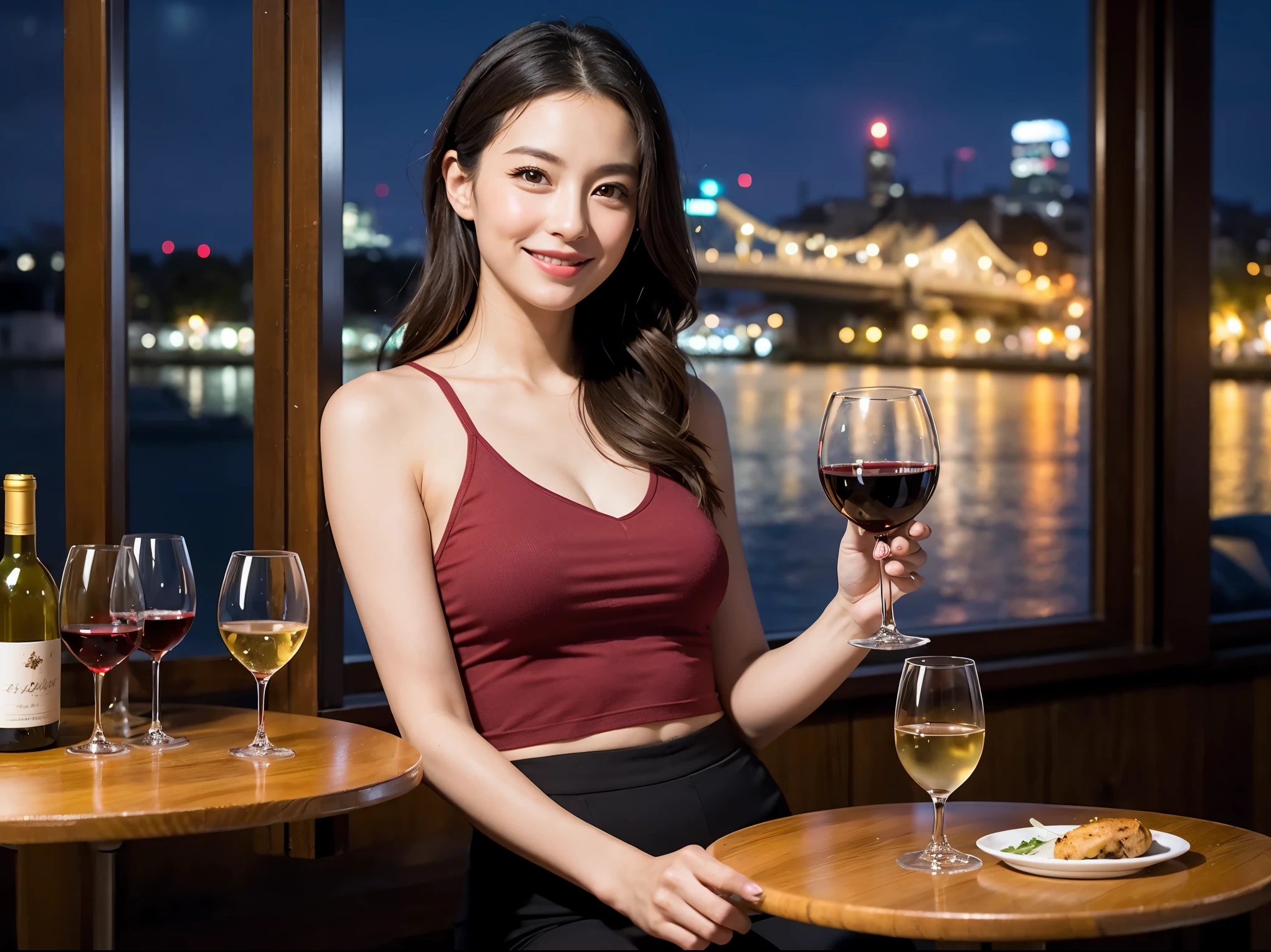 (64km race, ticker, highest quality, pieces fly: 1.2), (reality, that'realistic: 1.37), pretty woman 1, (slim face), (slimボティ), (brown hair), (shortcut), thatalian、Dutch、American、french、cheeks blush a little, (40 years old), 38 years old, alone, A beautiful and detailed night view spreads out outside the window.........., restaurant, wine glassに座って, At night, in a prominent place (from the Upper body) nova frog style, actress, model, Upper body, White wine, slim, wine glass, very beautiful night view, 真ん中に置かれたwine glass, happy smile, (shy smile: 1.15), beautiful and fine eyes, Upper body 全身, bust japan up, at night, short story, short story, actress, model, Upper body, White wine, slim, wine glass, very beautiful night view, 真ん中に置かれたwine glass, happy smile,