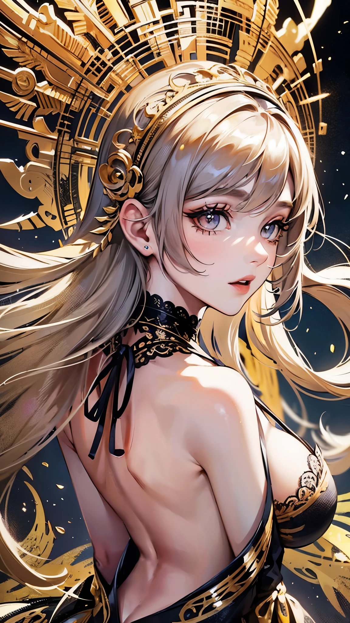 ((highest quality)),(ultra high resolution),(Super detailed),(detailed description),((best CG)),(best work of art),super precision art,great drawing art,(Art with precise details:1.5), (1 noblewoman:1.6),beautiful and well-shaped face:1.5,light makeup:1.6,(Colorful backless dress with intricate details:1.8),coiffed hair:1.6, old castle balcony:1.5,sunset sky:1.5