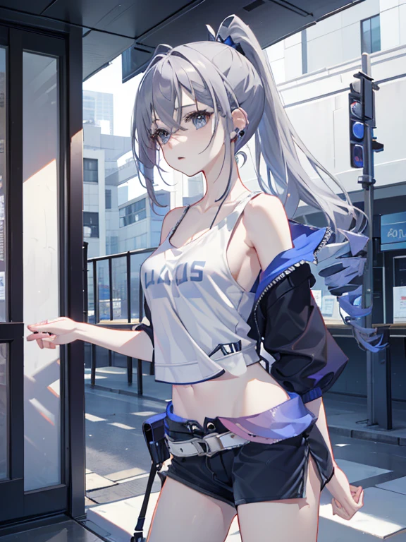 (masterpiece:1.2), (pale skin:1.2), (solo:1.2), (female:1.1), (emphasis lines:1.3), (:1.2), blue eyes, white hair, red hair, bangracelets:1.1), drill ponytail, (shorts:1.2), casual hoodie, bare shoulders, collarbone, (camisole:1.1), outdoors, day, listening music