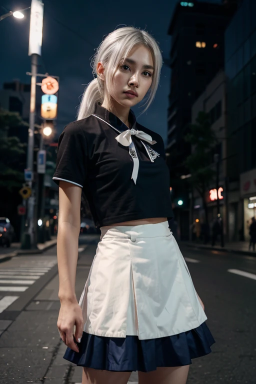 (8k, original photo, masterpiece:1.3), (actual, photo-actual:1.37), (night), (looking at the audience:1.331), (white hair), pose, Tokyo streets, nightcityscape, Cyberpunk City, soft light, 1 girl, extremely beautiful face, broken to pieces, hands down, Random hairstyle, random expression, big eyes, lower abdomen, (short sleeves .Jie Kang_shirt), Jie Kang_style, (dark blue Jie Kang_skirt), (bow Jie Kang_tie), Mix 4., best quality