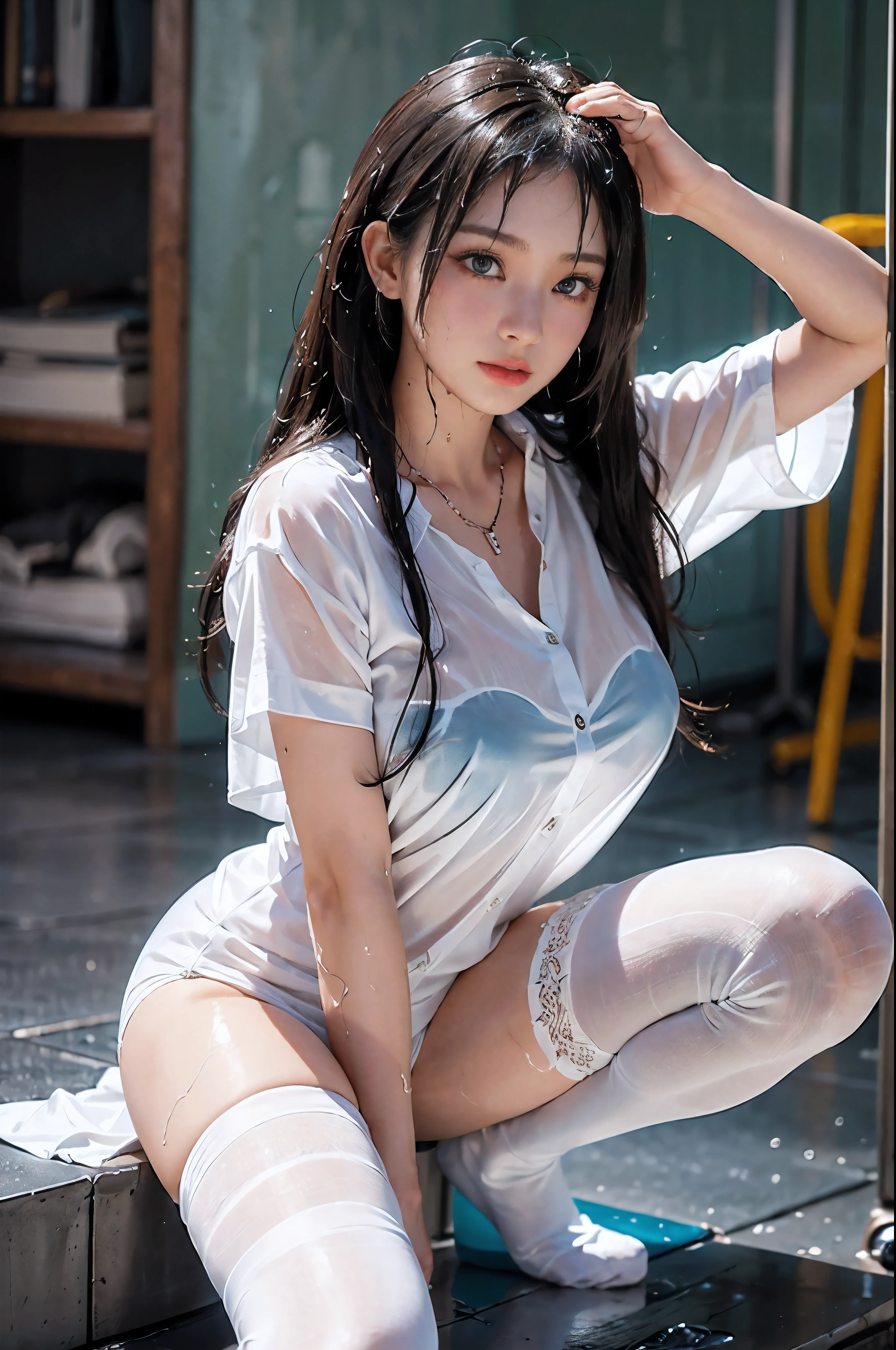 ((highest quality、8K、masterpiece:1.3))、Standing、sharp focus:1.2、(genuine、photogenuineistic:1.37)、lazy smile、Feet to the viewer、Feet in front of the audience、beautiful face woman、28 years old、pointed chest、NSFW、long eyelashes、color contact lenses、big breasts 、Delicate、very fine eyes、highly detailed eyebrows、(sharp eyebrows)、(thin eyebrows).highly detailed face、(Brunette disheveled hair:1.3),(((Wet and see-through white shirt:1.4)))、small necklace、white panties、((black thigh socks:1.4))、beautiful thighs、from below、detailed background(8K、masterpiece、highest quality、RAW photo)、(room:1.2)、Touching the thigh、Raise one knee、(iron:1.2)、iron台、(ironing clothes:1.3)